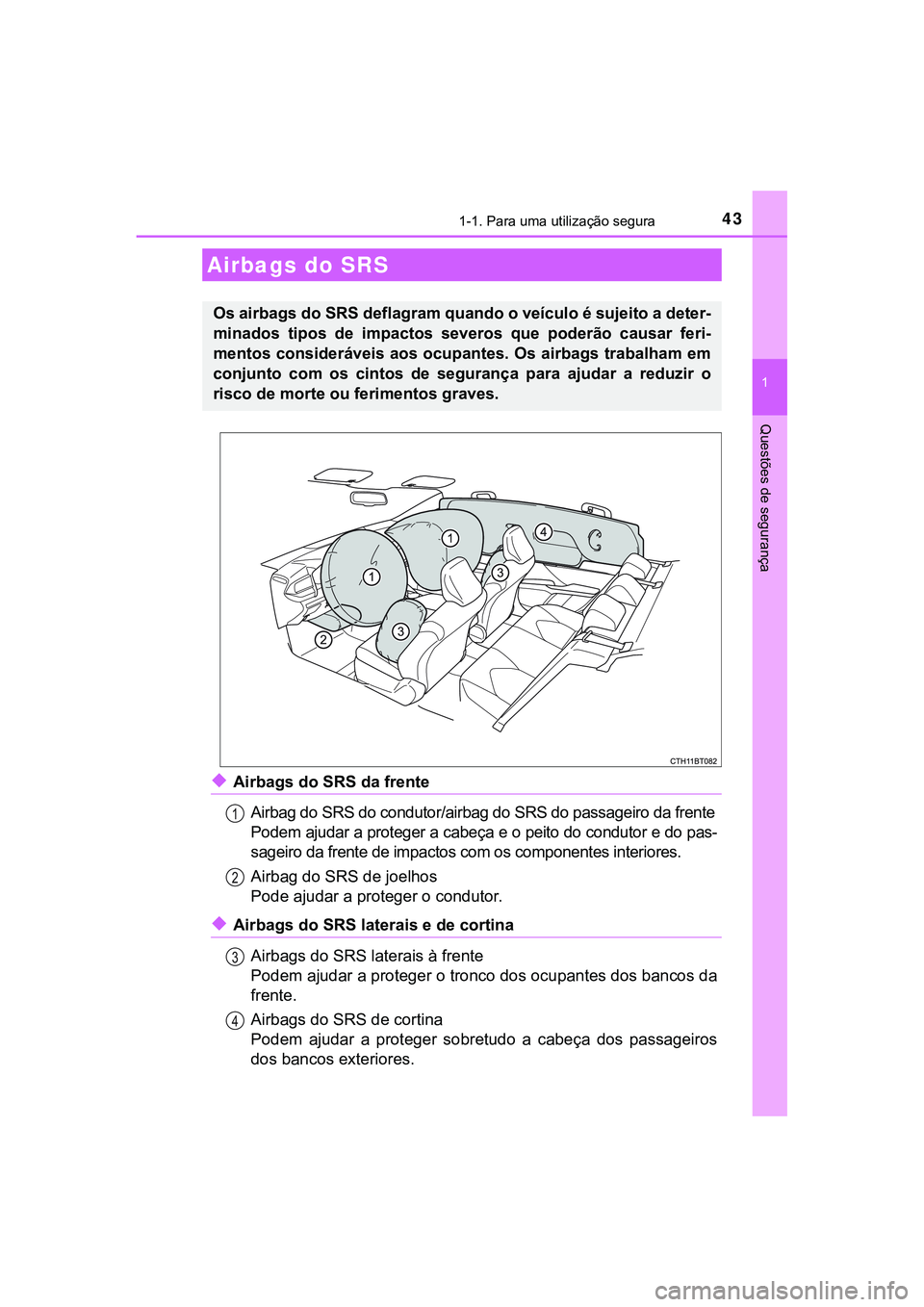 TOYOTA CAMRY 2021  Manual de utilização (in Portuguese) 431-1. Para uma utilização segura
1
Questões de segurança
CAMRY_HV_EE
◆Airbags do SRS da frente
Airbag do SRS do condutor/airbag do SRS do passageiro da frente
Podem ajudar a proteger a cabeça 