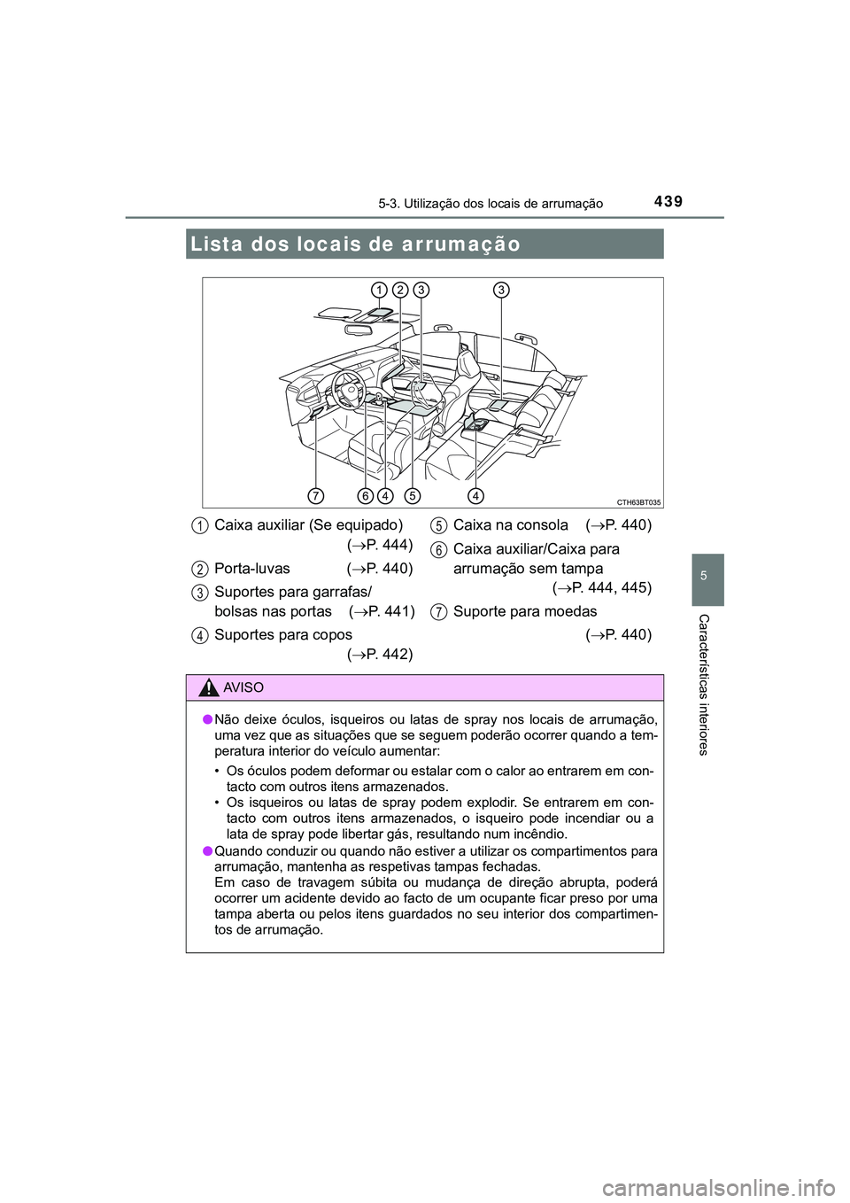 TOYOTA CAMRY 2021  Manual de utilização (in Portuguese) 439
CAMRY_HV_EE
5
Características interiores
5-3. Utilização dos locais de arrumação
Lista dos locais de arrumação
Caixa auxiliar (Se equipado)
(P.   4 4 4 )
Porta-luvas (P.   4 4 0 )
Sup