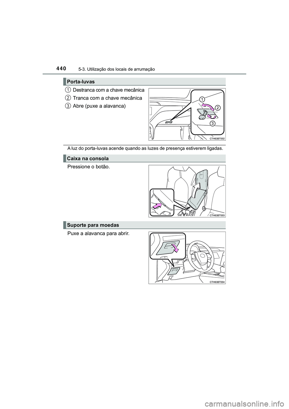 TOYOTA CAMRY 2021  Manual de utilização (in Portuguese) 4405-3. Utilização dos locais de arrumação
CAMRY_HV_EE
Destranca com a chave mecânica
Tranca com a chave mecânica 
Abre (puxe a alavanca)
A luz do porta-luvas acende quando as luzes de presença