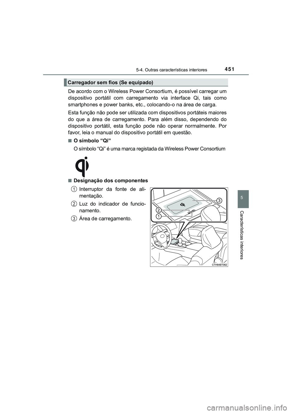 TOYOTA CAMRY 2021 Manual de utilização (in Portuguese) 4515-4. Outras características interiores
CAMRY_HV_EE
5
Características interiores
De acordo com o Wireless Power Consortium, é possível carregar um
dispositivo portátil com carregamento via TOYOTA CAMRY 2021 Manual de utilização (in Portuguese) 4515-4. Outras características interiores
CAMRY_HV_EE
5
Características interiores
De acordo com o Wireless Power Consortium, é possível carregar um
dispositivo portátil com carregamento via