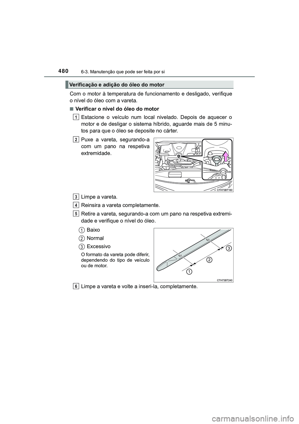 TOYOTA CAMRY 2021 Manual de utilização (in Portuguese) 4806-3. Manutenção que pode ser feita por si
CAMRY_HV_EE
Com o motor à temperatura de funcionamento e desligado, verifique
o nível do óleo com a vareta.
■Verificar o nível do óleo do TOYOTA CAMRY 2021 Manual de utilização (in Portuguese) 4806-3. Manutenção que pode ser feita por si
CAMRY_HV_EE
Com o motor à temperatura de funcionamento e desligado, verifique
o nível do óleo com a vareta.
■Verificar o nível do óleo do