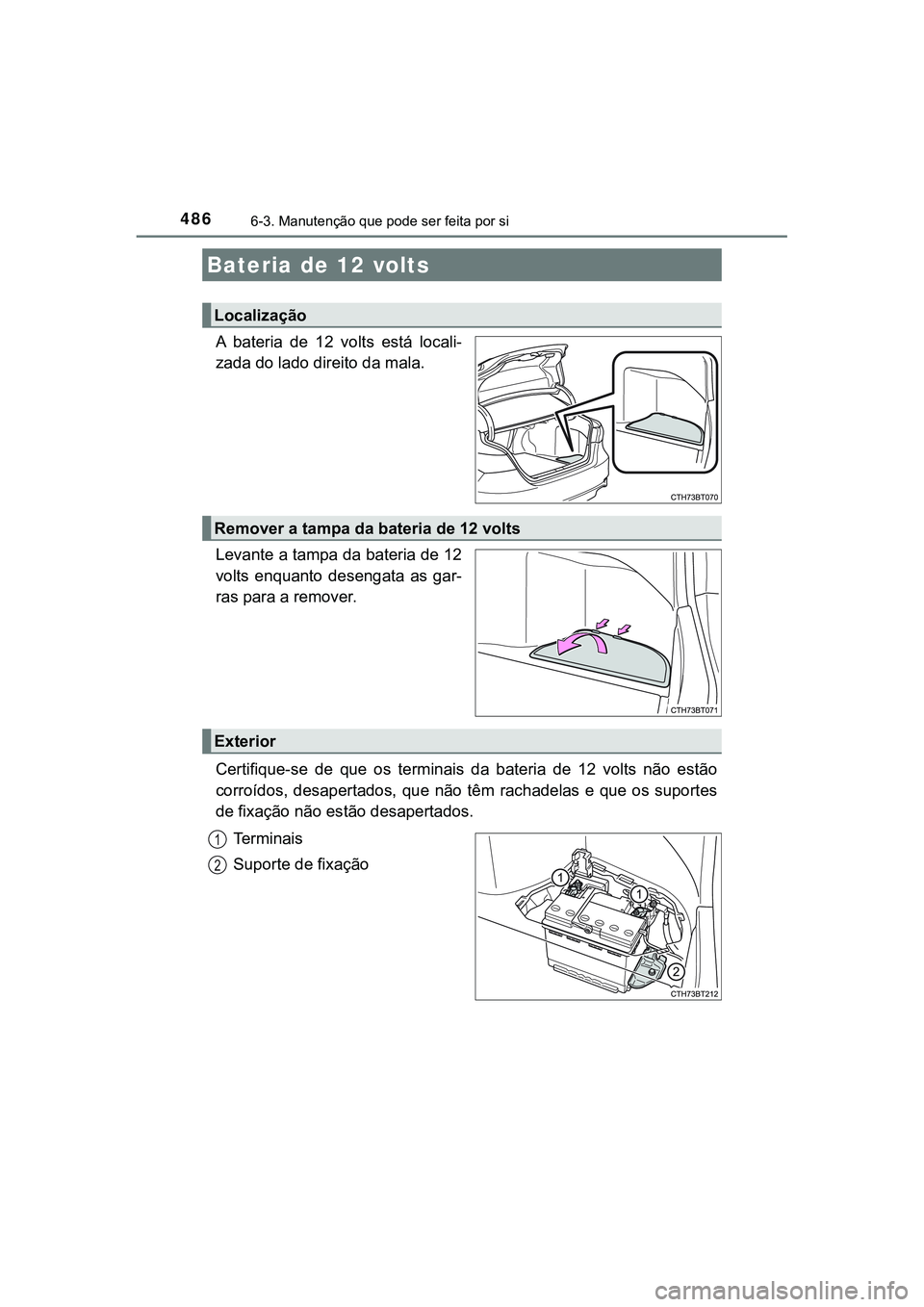 TOYOTA CAMRY 2021 Manual de utilização (in Portuguese) 4866-3. Manutenção que pode ser feita por si
CAMRY_HV_EE
A bateria de 12 volts está locali-
zada do lado direito da mala.
Levante a tampa da bateria de 12
volts enquanto desengata as gar- TOYOTA CAMRY 2021 Manual de utilização (in Portuguese) 4866-3. Manutenção que pode ser feita por si
CAMRY_HV_EE
A bateria de 12 volts está locali-
zada do lado direito da mala.
Levante a tampa da bateria de 12
volts enquanto desengata as gar-