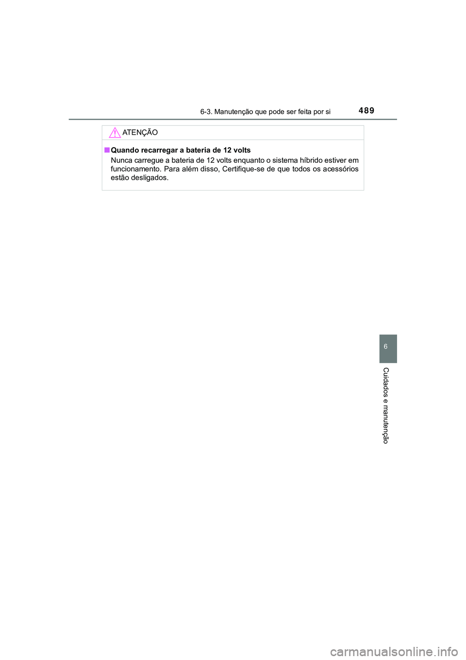 TOYOTA CAMRY 2021  Manual de utilização (in Portuguese) 4896-3. Manutenção que pode ser feita por si
CAMRY_HV_EE
6
Cuidados e manutenção
AT E N Ç Ã O
■Quando recarregar a bateria de 12 volts
Nunca carregue a bateria de 12 volts enquanto o sistema h