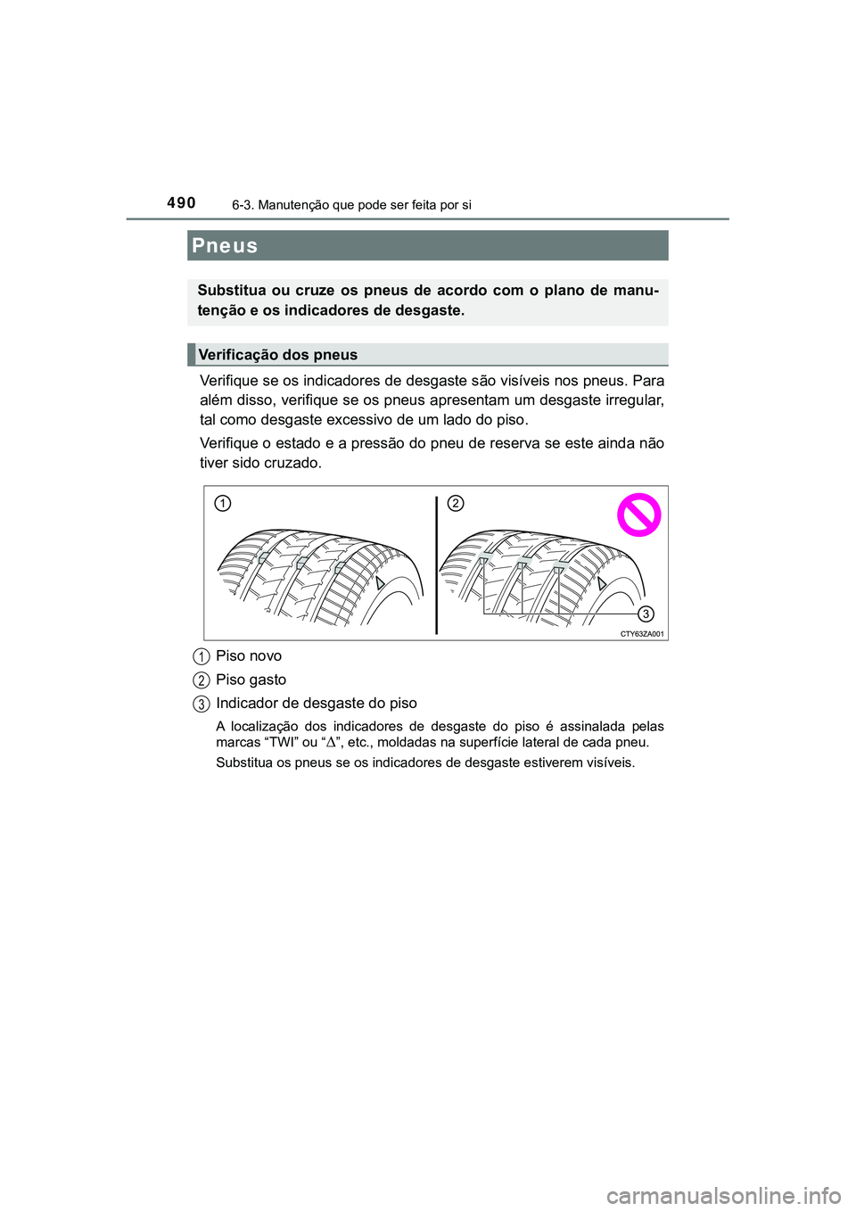 TOYOTA CAMRY 2021  Manual de utilização (in Portuguese) 4906-3. Manutenção que pode ser feita por si
CAMRY_HV_EE
Verifique se os indicadores de desgaste são visíveis nos pneus. Para
além disso, verifique se os pneus apresentam um desgaste irregular,
t
