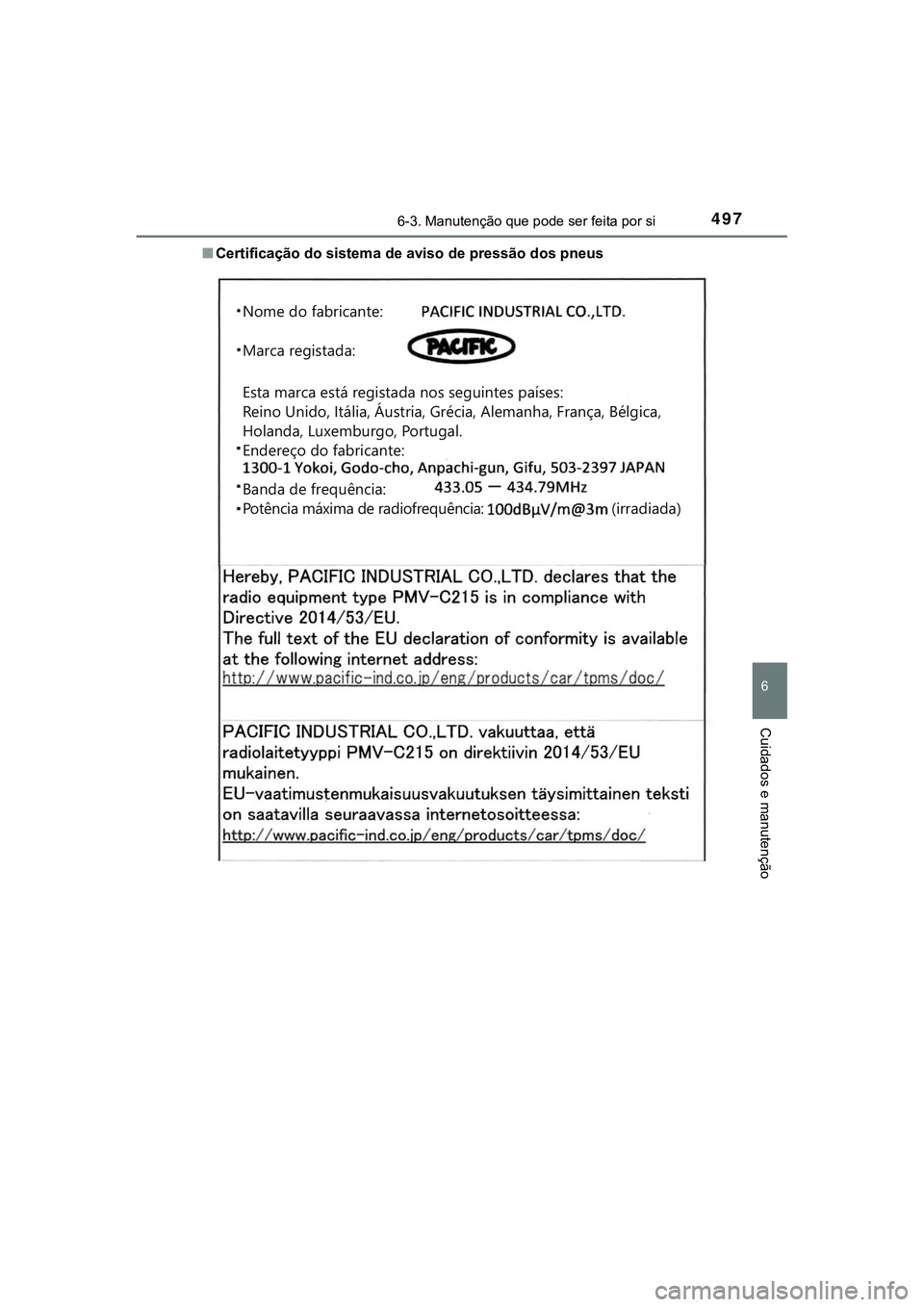 TOYOTA CAMRY 2021  Manual de utilização (in Portuguese) 4976-3. Manutenção que pode ser feita por si
CAMRY_HV_EE
6
Cuidados e manutenção
■Certificação do sistema de aviso de pressão dos pneus
Nome do fabricante:
Marca registada:
Esta marca está r