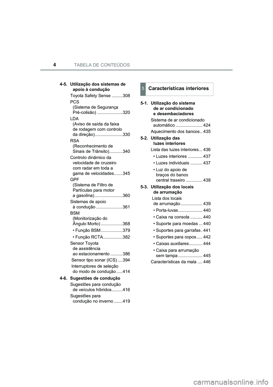 TOYOTA CAMRY 2021  Manual de utilização (in Portuguese) TABELA DE CONTEÚDOS4
CAMRY_HV_EE4-5.  Utilização dos sistemas de 
apoio à condução
Toyota Safety Sense .........308
PCS 
(Sistema de Segurança 
Pré-colisão) .....................320
LDA 
(Avi