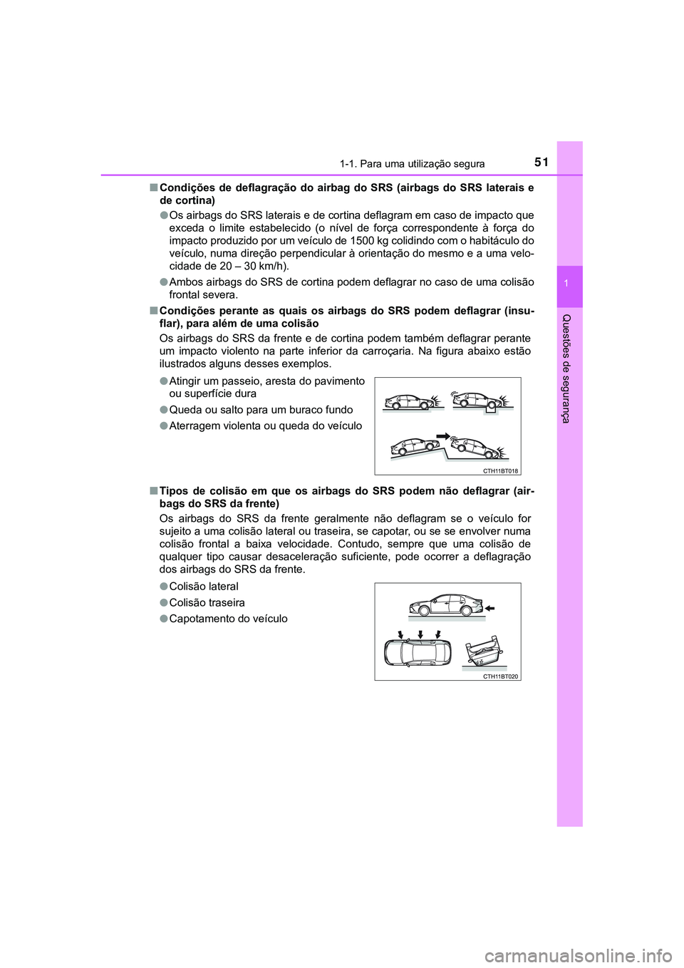 TOYOTA CAMRY 2021 Manual de utilização (in Portuguese) 511-1. Para uma utilização segura
1
Questões de segurança
CAMRY_HV_EE■Condições de deflagração do airbag do SRS (airbags do SRS laterais e
de cortina)
●Os airbags do SRS latera TOYOTA CAMRY 2021 Manual de utilização (in Portuguese) 511-1. Para uma utilização segura
1
Questões de segurança
CAMRY_HV_EE■Condições de deflagração do airbag do SRS (airbags do SRS laterais e
de cortina)
●Os airbags do SRS latera