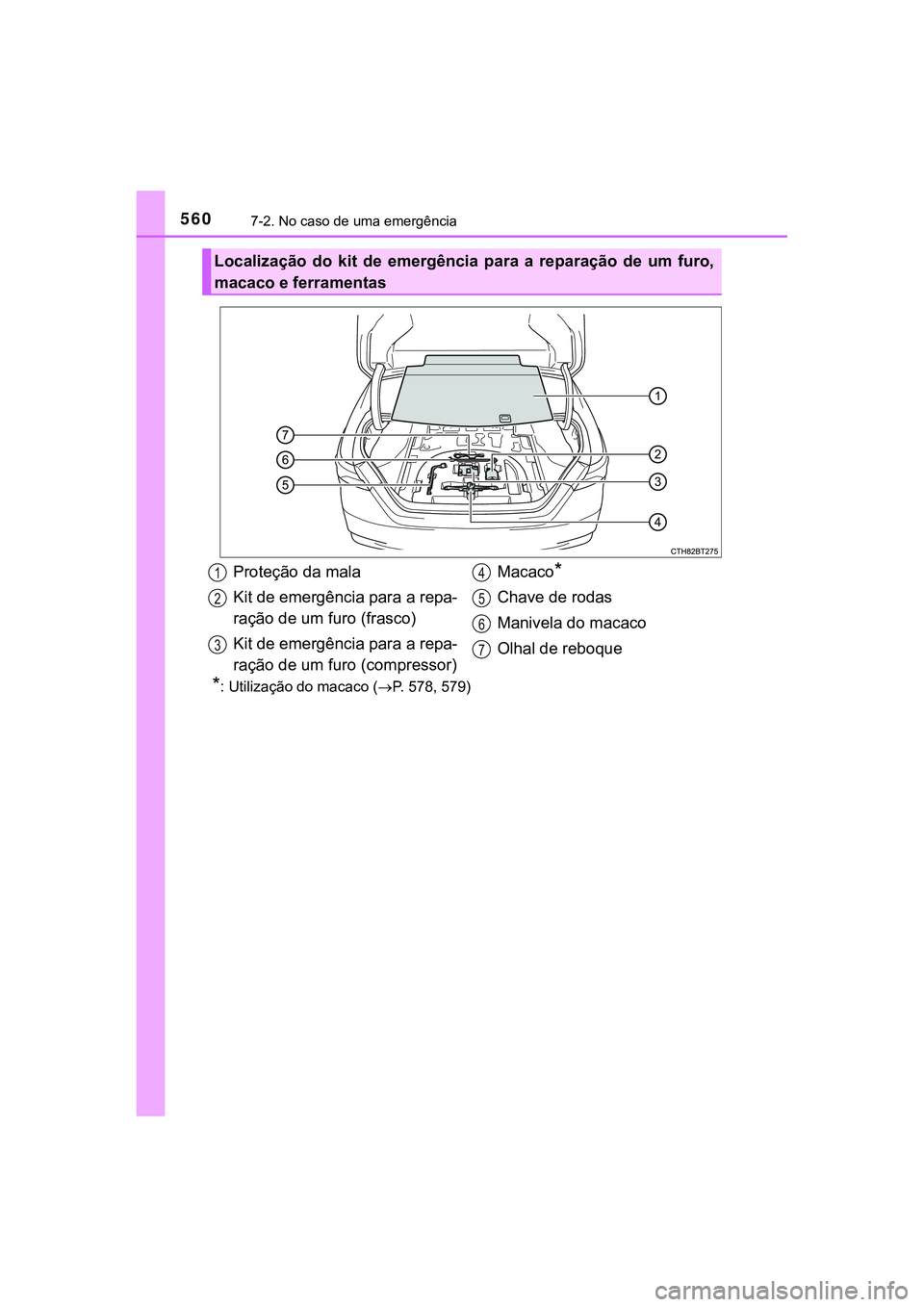 TOYOTA CAMRY 2021  Manual de utilização (in Portuguese) 5607-2. No caso de uma emergência
CAMRY_HV_EE
*: Utilização do macaco (P. 578, 579)
Localização  do  kit  de  emergência  para  a  reparação  de  um  furo,
macaco e ferramentas
Proteção d