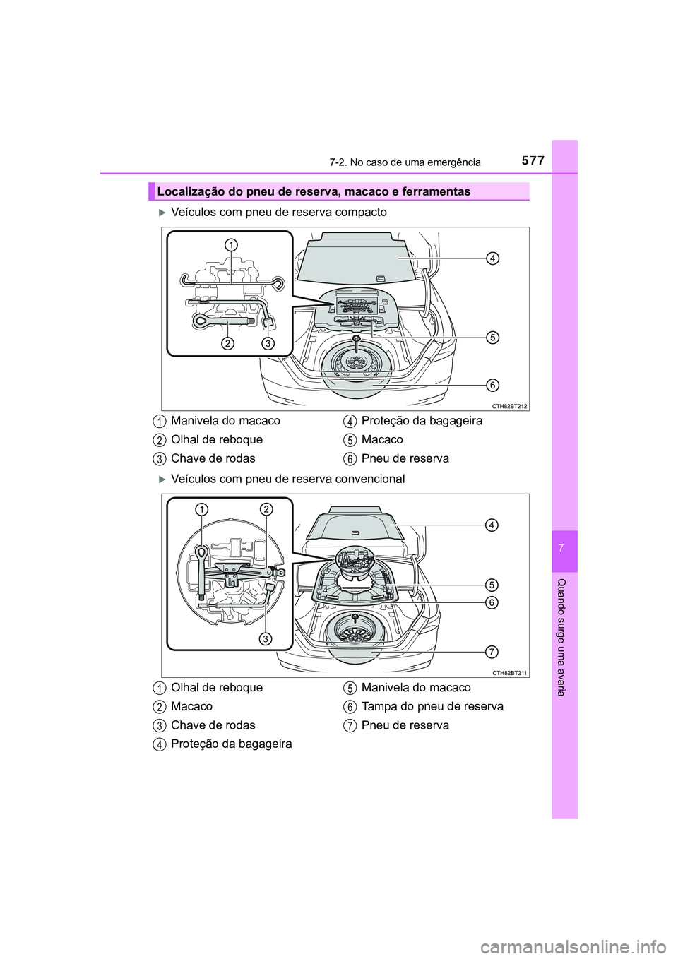 TOYOTA CAMRY 2021 Manual de utilização (in Portuguese) 5777-2. No caso de uma emergência
CAMRY_HV_EE
7
Quando surge uma avaria
Veículos com pneu de reserva compacto
Veículos com pneu de reserva convencional
Localização do pneu de reserva, maca TOYOTA CAMRY 2021 Manual de utilização (in Portuguese) 5777-2. No caso de uma emergência
CAMRY_HV_EE
7
Quando surge uma avaria
Veículos com pneu de reserva compacto
Veículos com pneu de reserva convencional
Localização do pneu de reserva, maca