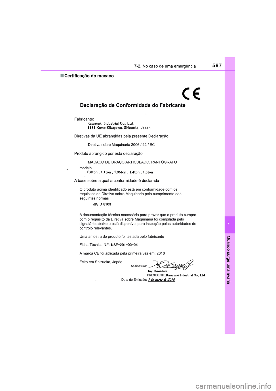 TOYOTA CAMRY 2021 Manual de utilização (in Portuguese) 5877-2. No caso de uma emergência
CAMRY_HV_EE
7
Quando surge uma avaria
■Certificação do macaco
Declaração de Conformidade do Fabricante
Fabricante:
Diretivas da UE abrangidas pela presente Dec TOYOTA CAMRY 2021 Manual de utilização (in Portuguese) 5877-2. No caso de uma emergência
CAMRY_HV_EE
7
Quando surge uma avaria
■Certificação do macaco
Declaração de Conformidade do Fabricante
Fabricante:
Diretivas da UE abrangidas pela presente Dec