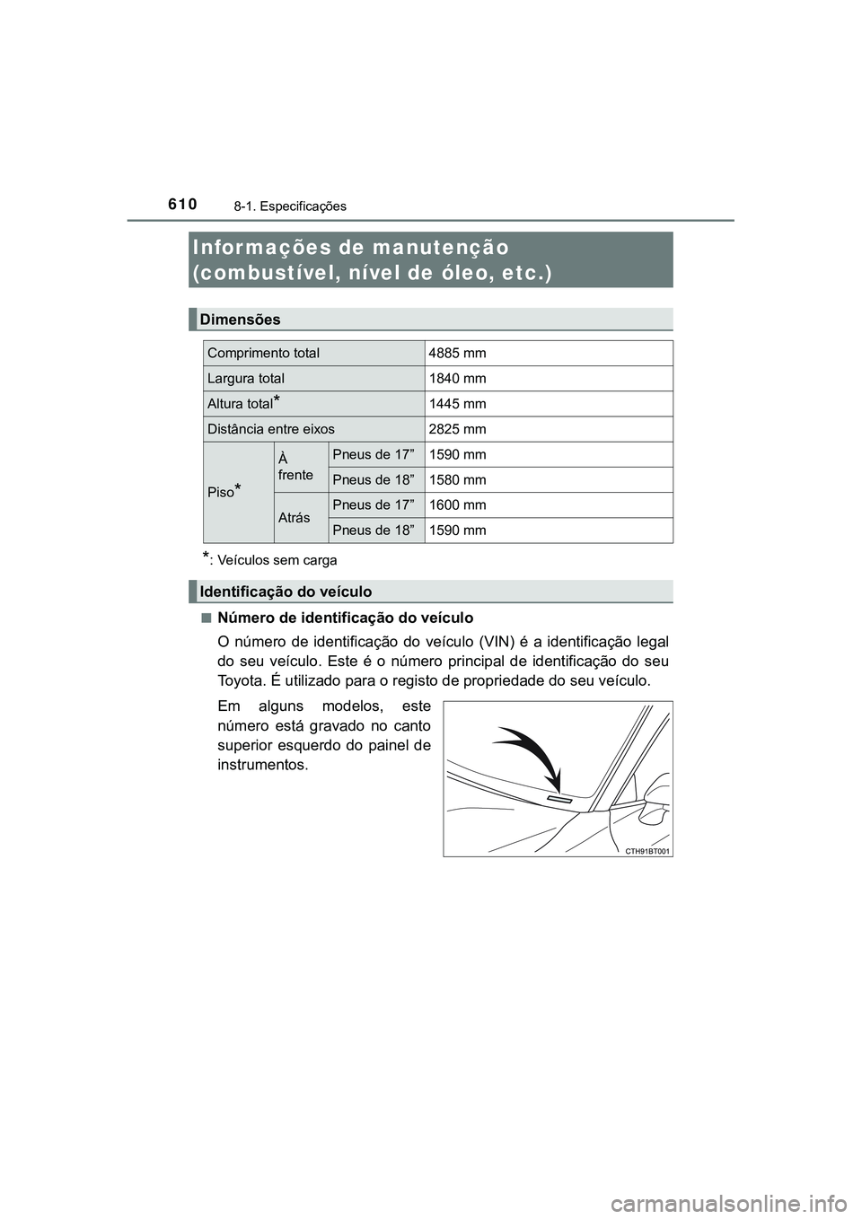 TOYOTA CAMRY 2021 Manual de utilização (in Portuguese) 610
CAMRY_HV_EE
8-1. Especificações
*: Veículos sem carga
■
Número de identificação do veículo
O número de identificação do veículo (VIN) é a identificação legal
do seu veíc TOYOTA CAMRY 2021 Manual de utilização (in Portuguese) 610
CAMRY_HV_EE
8-1. Especificações
*: Veículos sem carga
■
Número de identificação do veículo
O número de identificação do veículo (VIN) é a identificação legal
do seu veíc