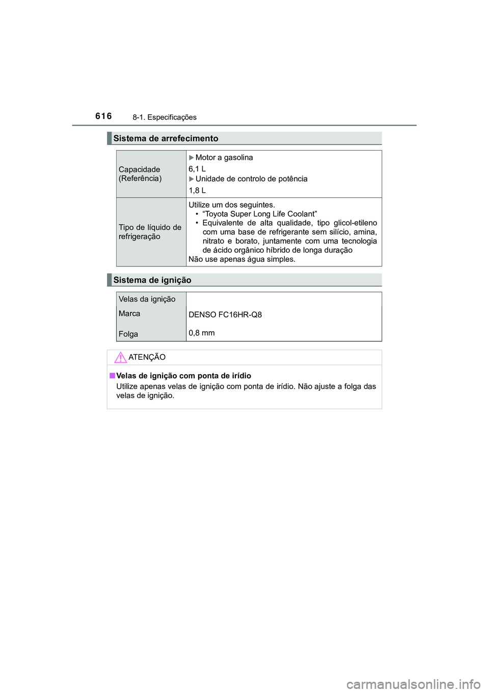 TOYOTA CAMRY 2021 Manual de utilização (in Portuguese) 6168-1. Especificações
CAMRY_HV_EE
Sistema de arrefecimento
Capacidade
(Referência)
Motor a gasolina
6,1 L
Unidade de controlo de potência
1,8 L
Tipo de líquido de
refrigeraçãoUtilize TOYOTA CAMRY 2021 Manual de utilização (in Portuguese) 6168-1. Especificações
CAMRY_HV_EE
Sistema de arrefecimento
Capacidade
(Referência)
Motor a gasolina
6,1 L
Unidade de controlo de potência
1,8 L
Tipo de líquido de
refrigeraçãoUtilize