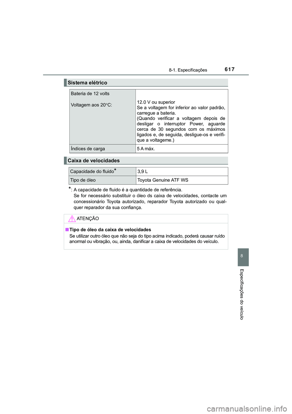 TOYOTA CAMRY 2021 Manual de utilização (in Portuguese) 6178-1. Especificações
CAMRY_HV_EE
8
Especificações do veículo
*: A capacidade de fluido é a quantidade de referência.
Se for necessário substituir o óleo ds caixa de velocidades, c TOYOTA CAMRY 2021 Manual de utilização (in Portuguese) 6178-1. Especificações
CAMRY_HV_EE
8
Especificações do veículo
*: A capacidade de fluido é a quantidade de referência.
Se for necessário substituir o óleo ds caixa de velocidades, c