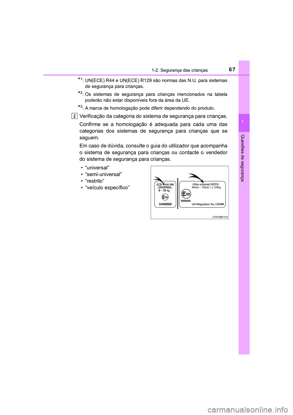 TOYOTA CAMRY 2021 Manual de utilização (in Portuguese) 671-2. Segurança das crianças
1
Questões de segurança
CAMRY_HV_EE
*1: UN(ECE) R44 e UN(ECE) R129 são normas das N.U. para sistemas
de segurança para crianças.
*2: Os sistemas de segurança TOYOTA CAMRY 2021 Manual de utilização (in Portuguese) 671-2. Segurança das crianças
1
Questões de segurança
CAMRY_HV_EE
*1: UN(ECE) R44 e UN(ECE) R129 são normas das N.U. para sistemas
de segurança para crianças.
*2: Os sistemas de segurança