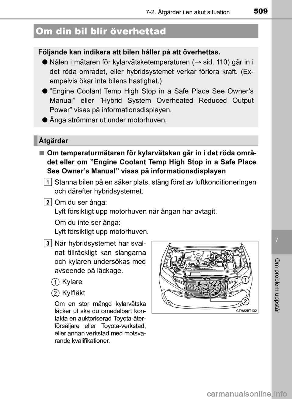 TOYOTA CAMRY 2021  Bruksanvisningar (in Swedish) 5097-2. Åtgärder i en akut situation
CAMRY HV OM33F82SE
7
Om problem uppstår
nOm temperaturmätaren för kylarvätskan går in i det röda områ-
det eller om ”Engine Coolant Temp High Stop in a 