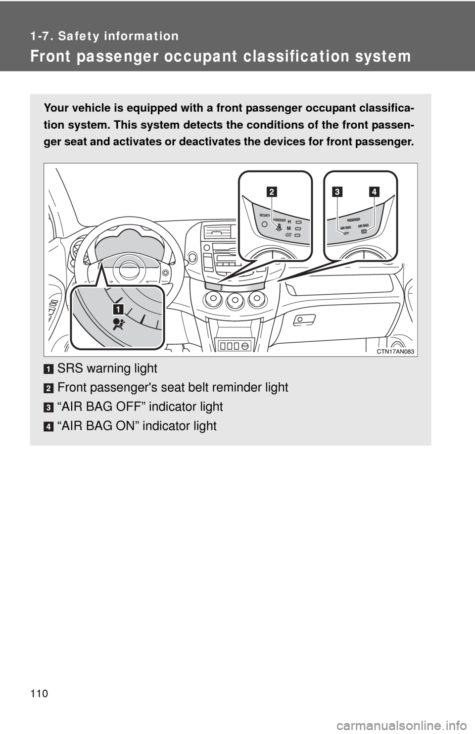 TOYOTA RAV4 2011 XA30 / 3.G Owners Manual 110
1-7. Safety information
Front passenger occupant classification system
Your vehicle is equipped with a front passenger occupant classifica-
tion system. This system detects the conditions of the TOYOTA RAV4 2011 XA30 / 3.G Owners Manual 110
1-7. Safety information
Front passenger occupant classification system
Your vehicle is equipped with a front passenger occupant classifica-
tion system. This system detects the conditions of the