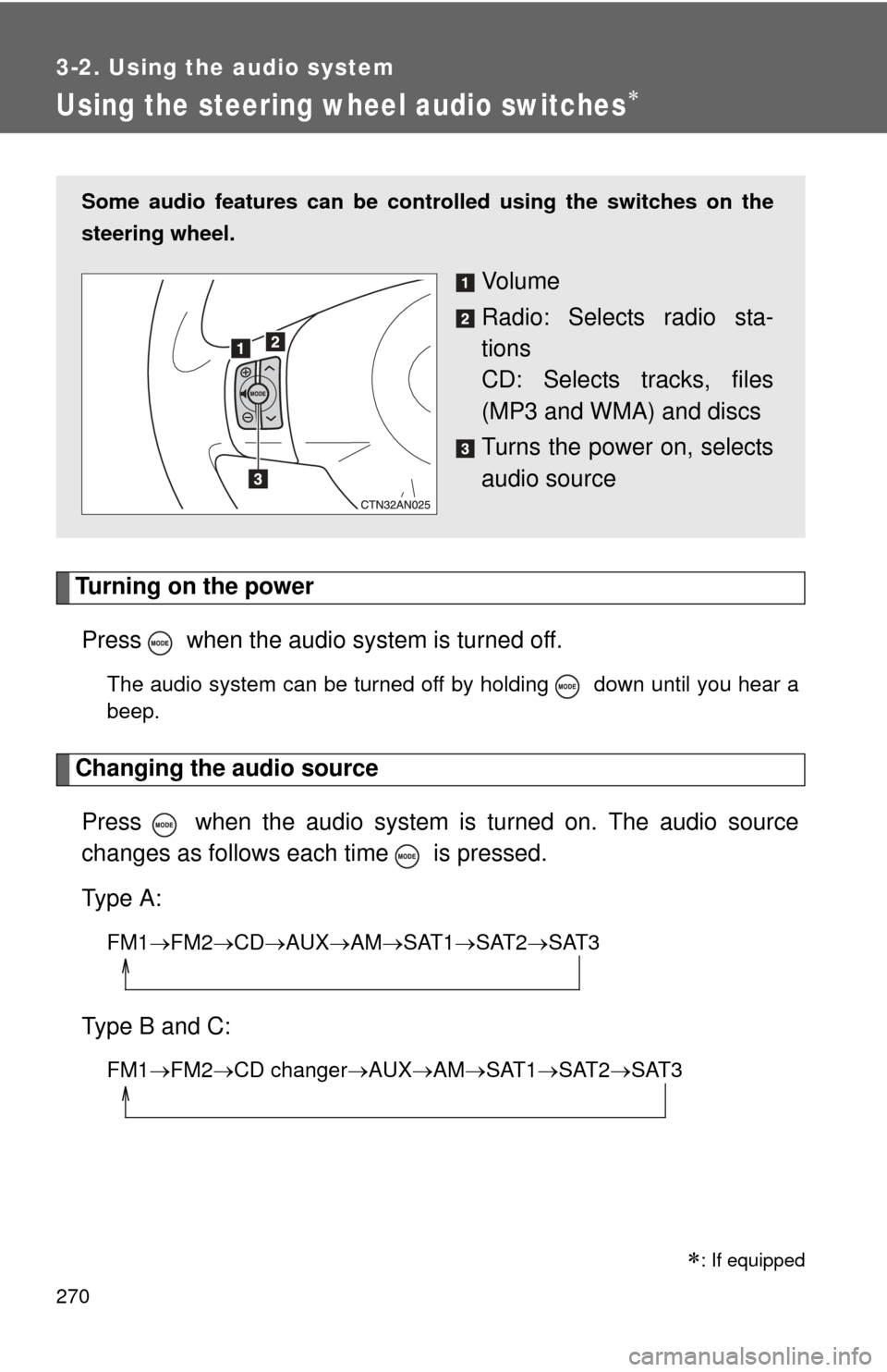 TOYOTA RAV4 2011 XA30 / 3.G Owners Manual 270
3-2. Using the audio system
Using the steering wheel audio switches
Turning on the powerPress when the audio system is turned off.
The audio system can be turned off by holding down until y TOYOTA RAV4 2011 XA30 / 3.G Owners Manual 270
3-2. Using the audio system
Using the steering wheel audio switches
Turning on the powerPress when the audio system is turned off.
The audio system can be turned off by holding down until y