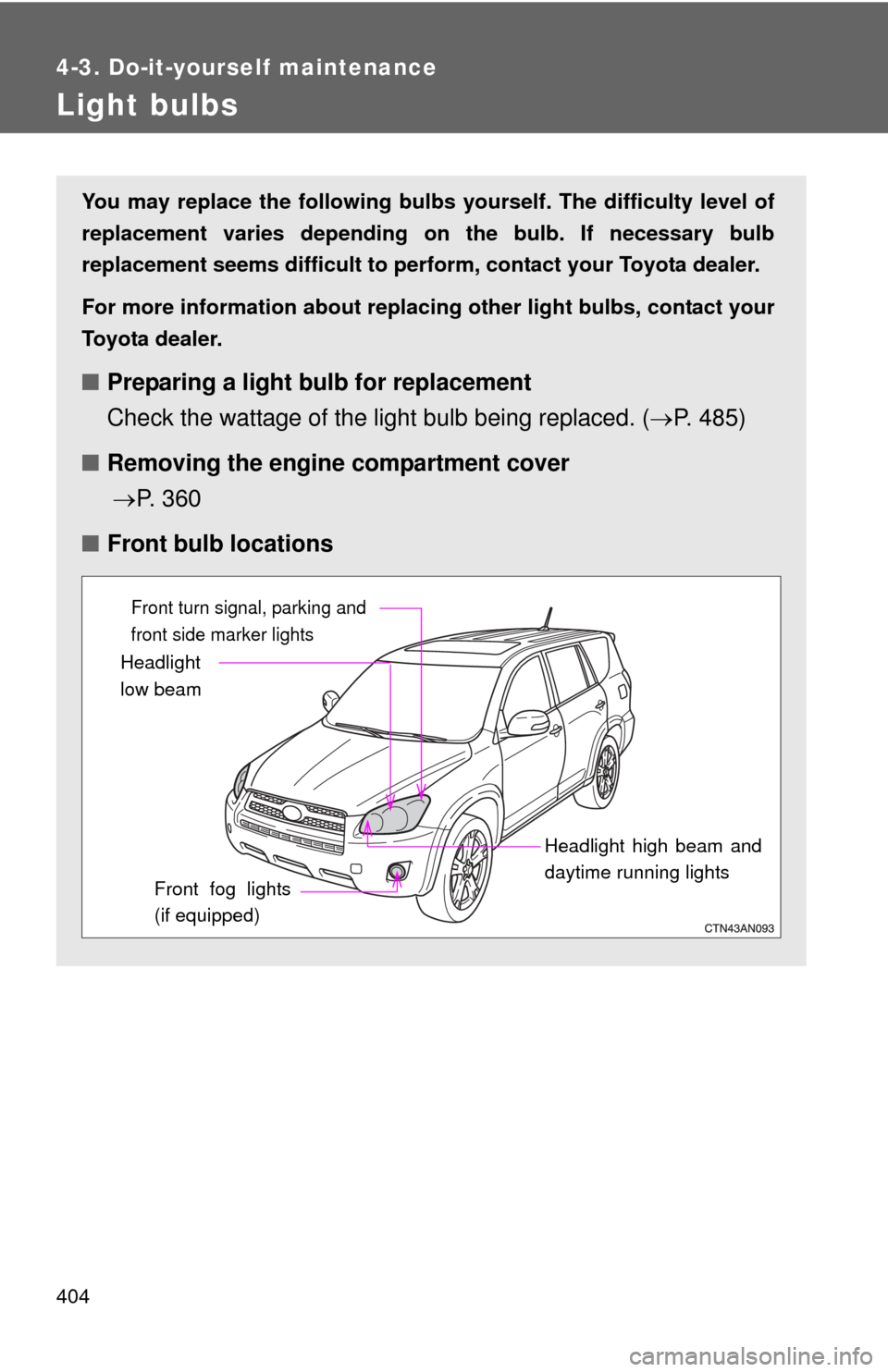 TOYOTA RAV4 2011 XA30 / 3.G Owners Manual 404
4-3. Do-it-yourself maintenance
Light bulbs
You may replace the following bulbs yourself. The difficulty level of
replacement varies depending on the bulb. If necessary bulb
replacement seems diff