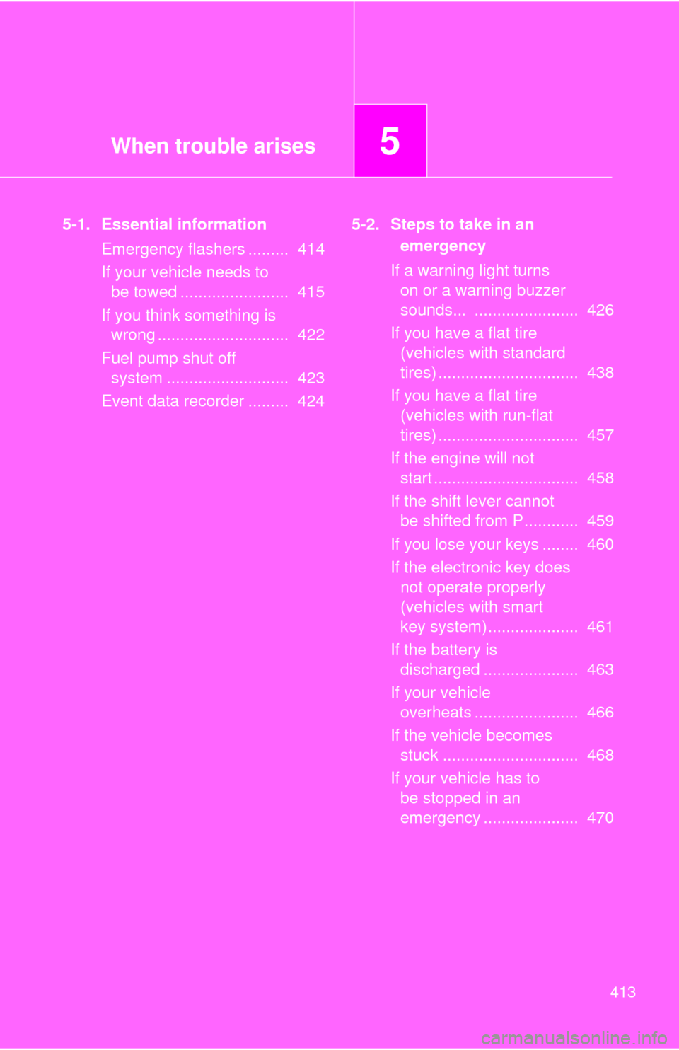 TOYOTA RAV4 2011 XA30 / 3.G Owners Manual When trouble arises5
413
5-1. Essential informationEmergency flashers ......... 414
If your vehicle needs to be towed ........................ 415
If you think something is wrong .................. TOYOTA RAV4 2011 XA30 / 3.G Owners Manual When trouble arises5
413
5-1. Essential informationEmergency flashers ......... 414
If your vehicle needs to be towed ........................ 415
If you think something is wrong ..................