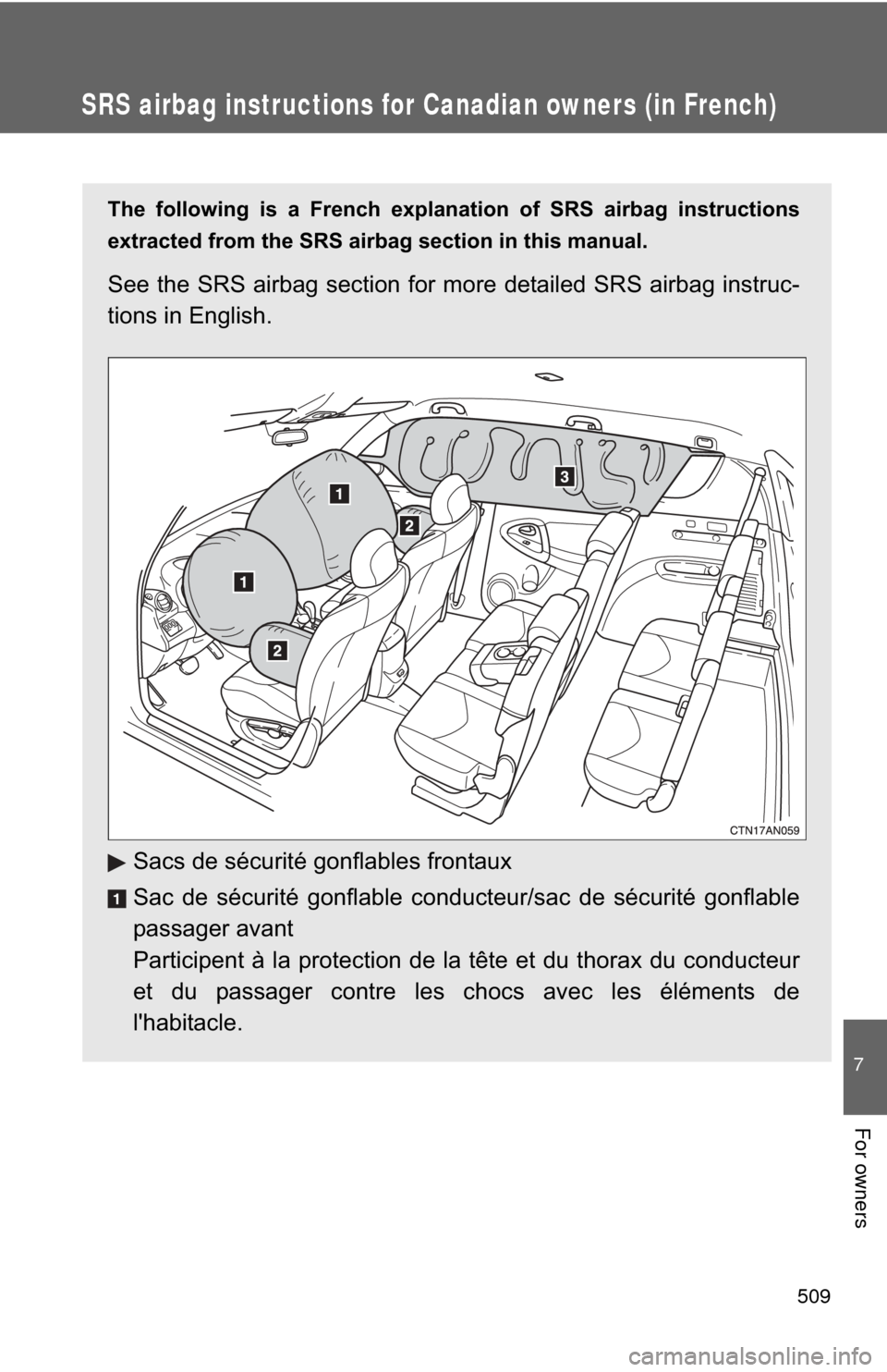 TOYOTA RAV4 2011 XA30 / 3.G Owners Manual 509
7
For owners
SRS airbag instructions for Canadian owners (in French)
The following is a French explanation of SRS airbag instructions
extracted from the SRS airbag section in this manual.
See the 