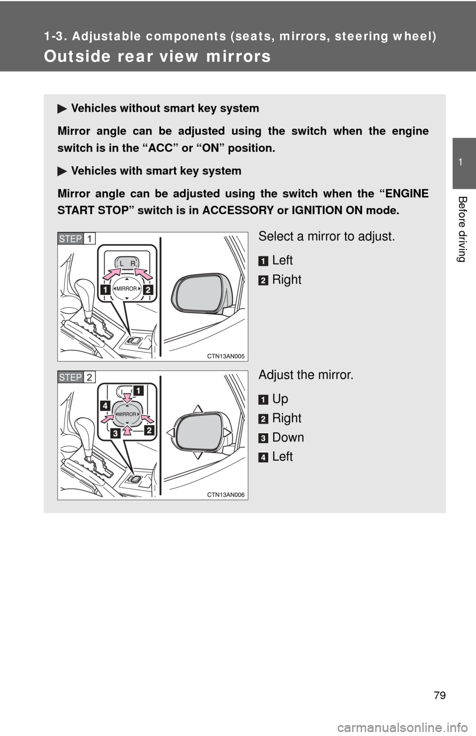 TOYOTA RAV4 2011 XA30 / 3.G Manual PDF 79
1
1-3. Adjustable components (seats, mirrors, steering wheel)
Before driving
Outside rear view mirrors
Vehicles without smart key system
Mirror angle can be ad justed using the switch when the engi TOYOTA RAV4 2011 XA30 / 3.G Manual PDF 79
1
1-3. Adjustable components (seats, mirrors, steering wheel)
Before driving
Outside rear view mirrors
Vehicles without smart key system
Mirror angle can be ad justed using the switch when the engi