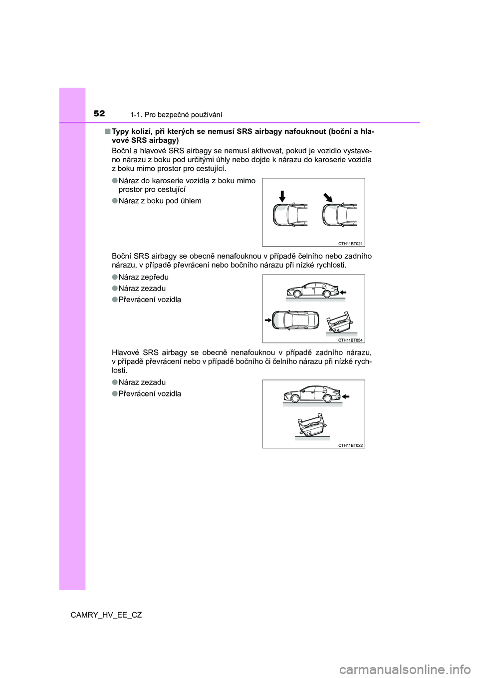 TOYOTA CAMRY 2021  Návod na použití (in Czech) 521-1. Pro bezpečné používání
CAMRY_HV_EE_CZ 
■ Typy kolizí, při kterých se nemusí SRS airbagy nafouknout (boční a hla- 
vové SRS airbagy) 
Boční a hlavové SRS airbagy se nemusí akt