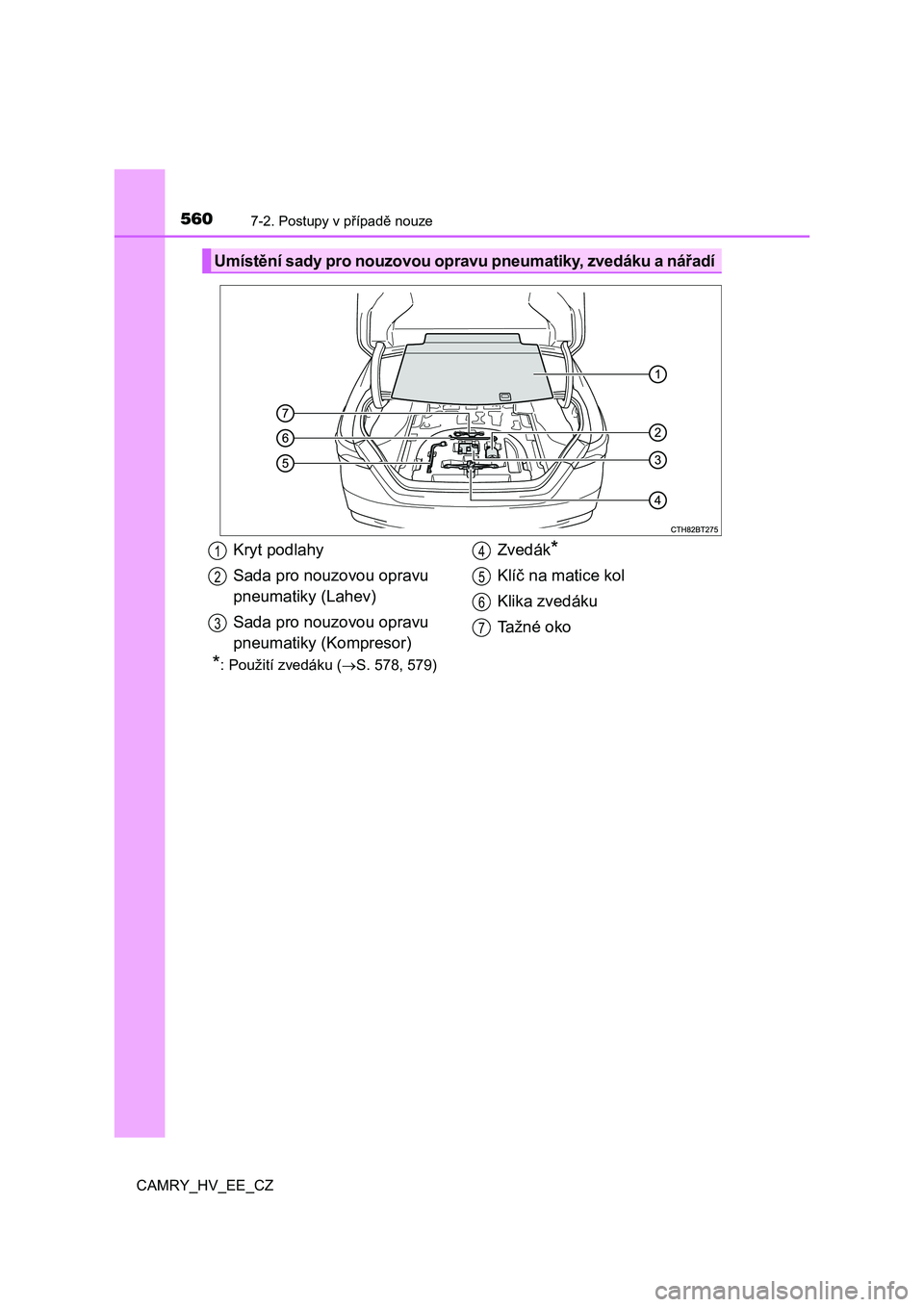 TOYOTA CAMRY 2021 Návod na použití (in Czech) 5607-2. Postupy v případě nouze
CAMRY_HV_EE_CZ
*: Použití zvedáku (S. 578, 579)
Umístění sady pro nouzovou opravu pneumatiky, zvedáku a nářadí
Kryt podlahy
Sada pro nouzovou opravu TOYOTA CAMRY 2021 Návod na použití (in Czech) 5607-2. Postupy v případě nouze
CAMRY_HV_EE_CZ
*: Použití zvedáku (S. 578, 579)
Umístění sady pro nouzovou opravu pneumatiky, zvedáku a nářadí
Kryt podlahy
Sada pro nouzovou opravu