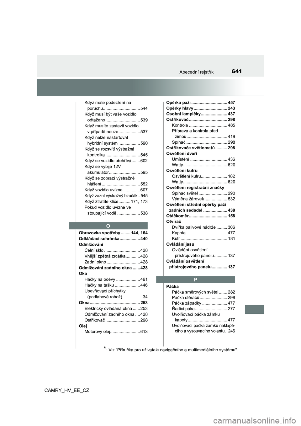 TOYOTA CAMRY 2021  Návod na použití (in Czech) 641Abecední rejstřík
CAMRY_HV_EE_CZ
Když máte podezření na  
poruchu............................... 544 
Když musí být vaše vozidlo 
odtaženo ............................. 539 
Když musí