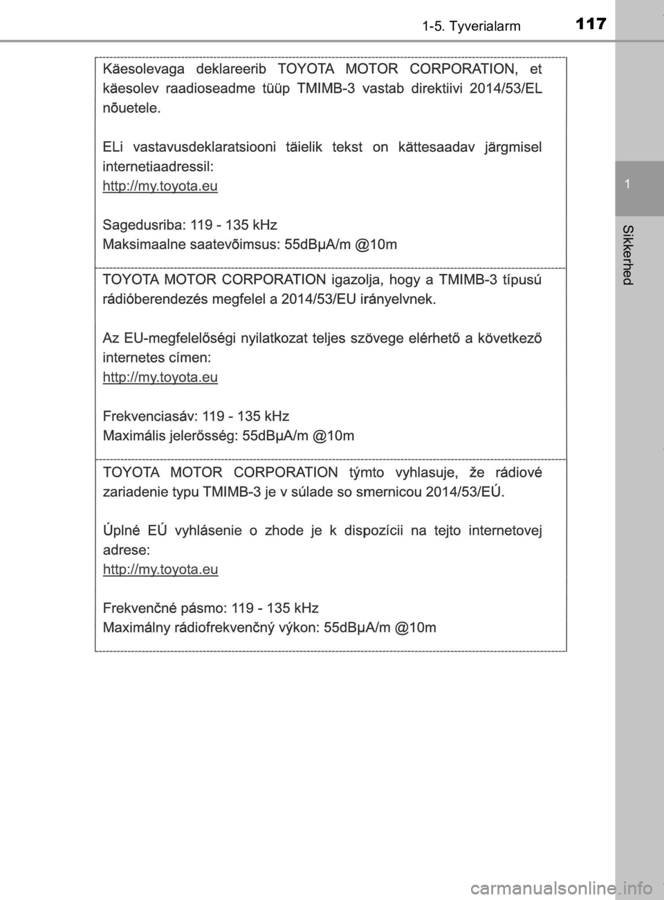 TOYOTA CAMRY 2020  Brugsanvisning (in Danish) 1171-5. Tyverialarm
1
Sikkerhed
OM33E11DK
OM33E11DK.book  Page 117  Monday, March 9, 2020  1:49 PM 