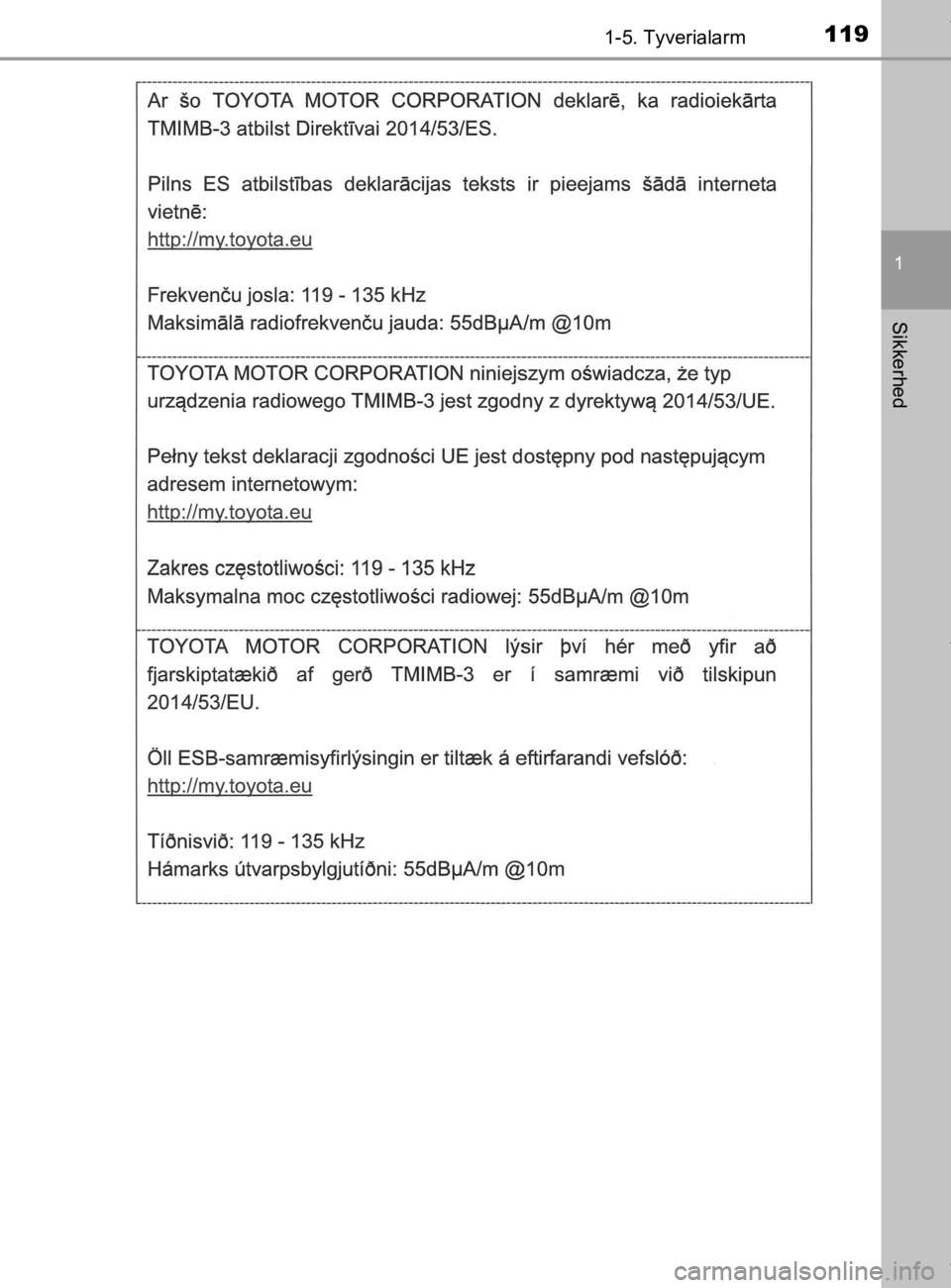 TOYOTA CAMRY 2020  Brugsanvisning (in Danish) 1191-5. Tyverialarm
1
Sikkerhed
OM33E11DK
OM33E11DK.book  Page 119  Monday, March 9, 2020  1:49 PM 