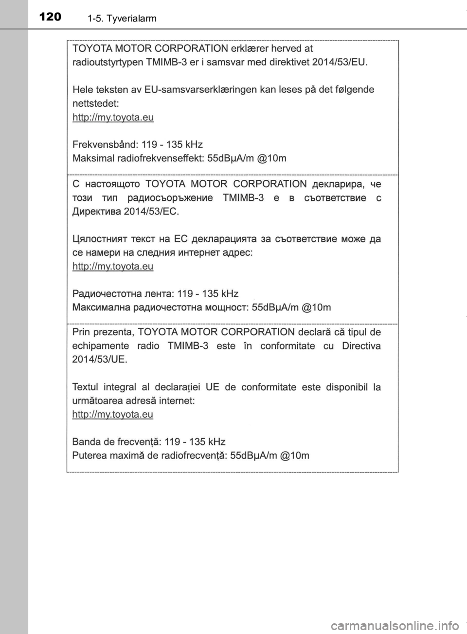 TOYOTA CAMRY 2020  Brugsanvisning (in Danish) 1201-5. Tyverialarm
OM33E11DK
OM33E11DK.book  Page 120  Monday, March 9, 2020  1:49 PM 