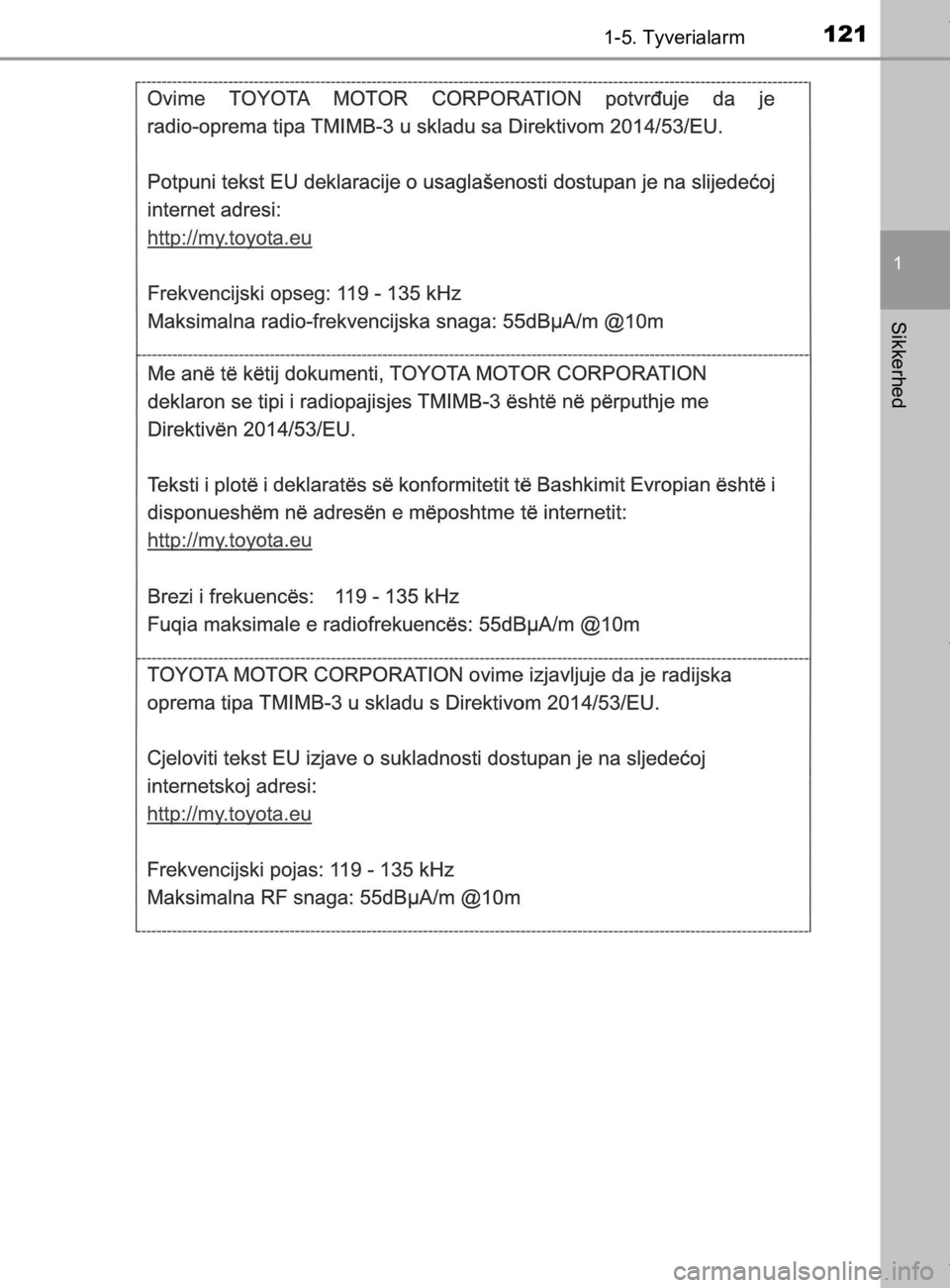 TOYOTA CAMRY 2020  Brugsanvisning (in Danish) 1211-5. Tyverialarm
1
Sikkerhed
OM33E11DK
OM33E11DK.book  Page 121  Monday, March 9, 2020  1:49 PM 