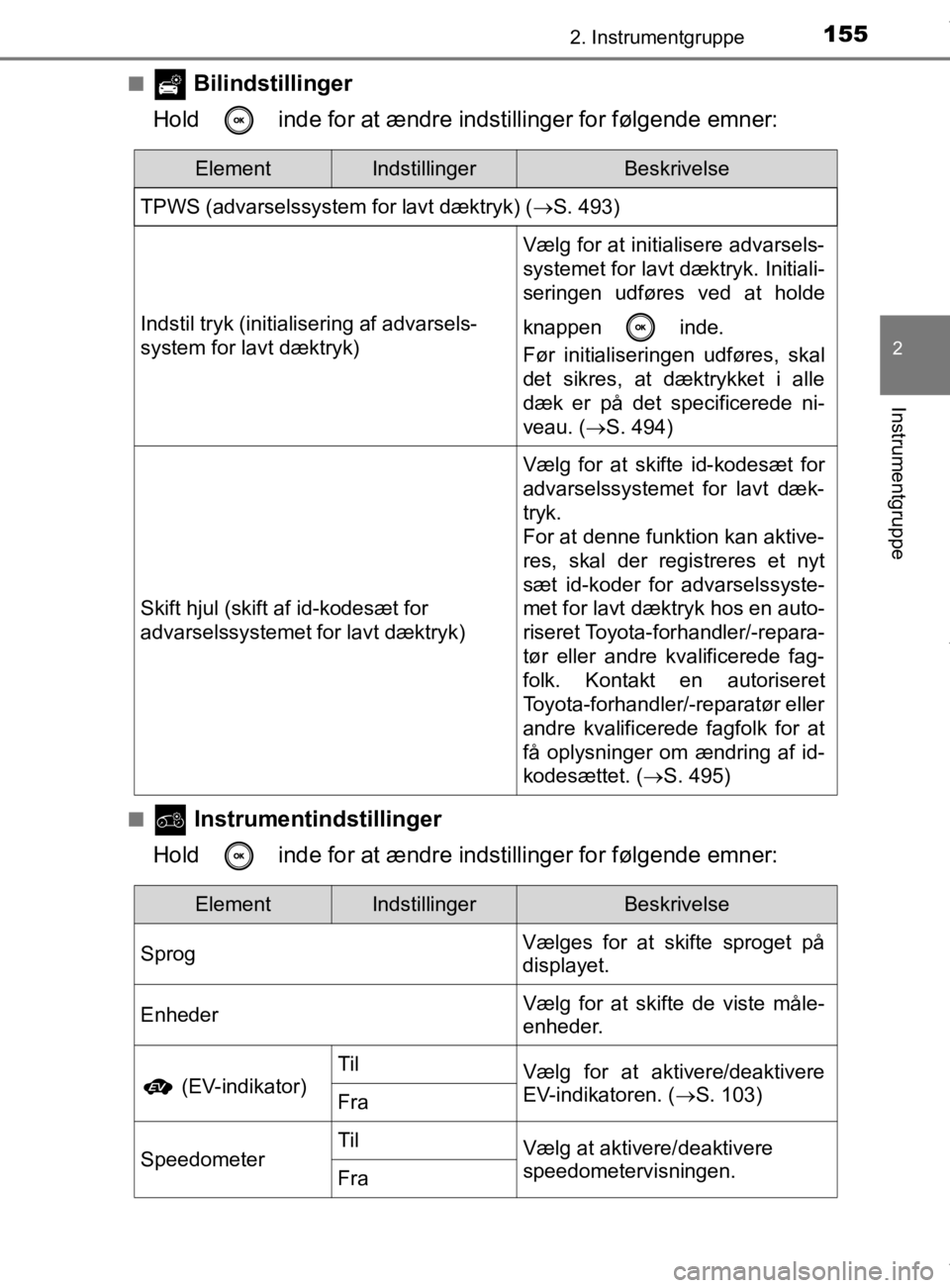 TOYOTA CAMRY 2020 Brugsanvisning (in Danish) 1552. Instrumentgruppe
OM33E11DK
2
Instrumentgruppe
n Bilindstillinger
Hold inde for at ændre i ndstillinger for følgende emner:
n Instrumentindstillinger
Hold inde for at ændre i ndstillinger TOYOTA CAMRY 2020 Brugsanvisning (in Danish) 1552. Instrumentgruppe
OM33E11DK
2
Instrumentgruppe
n Bilindstillinger
Hold inde for at ændre i ndstillinger for følgende emner:
n Instrumentindstillinger
Hold inde for at ændre i ndstillinger