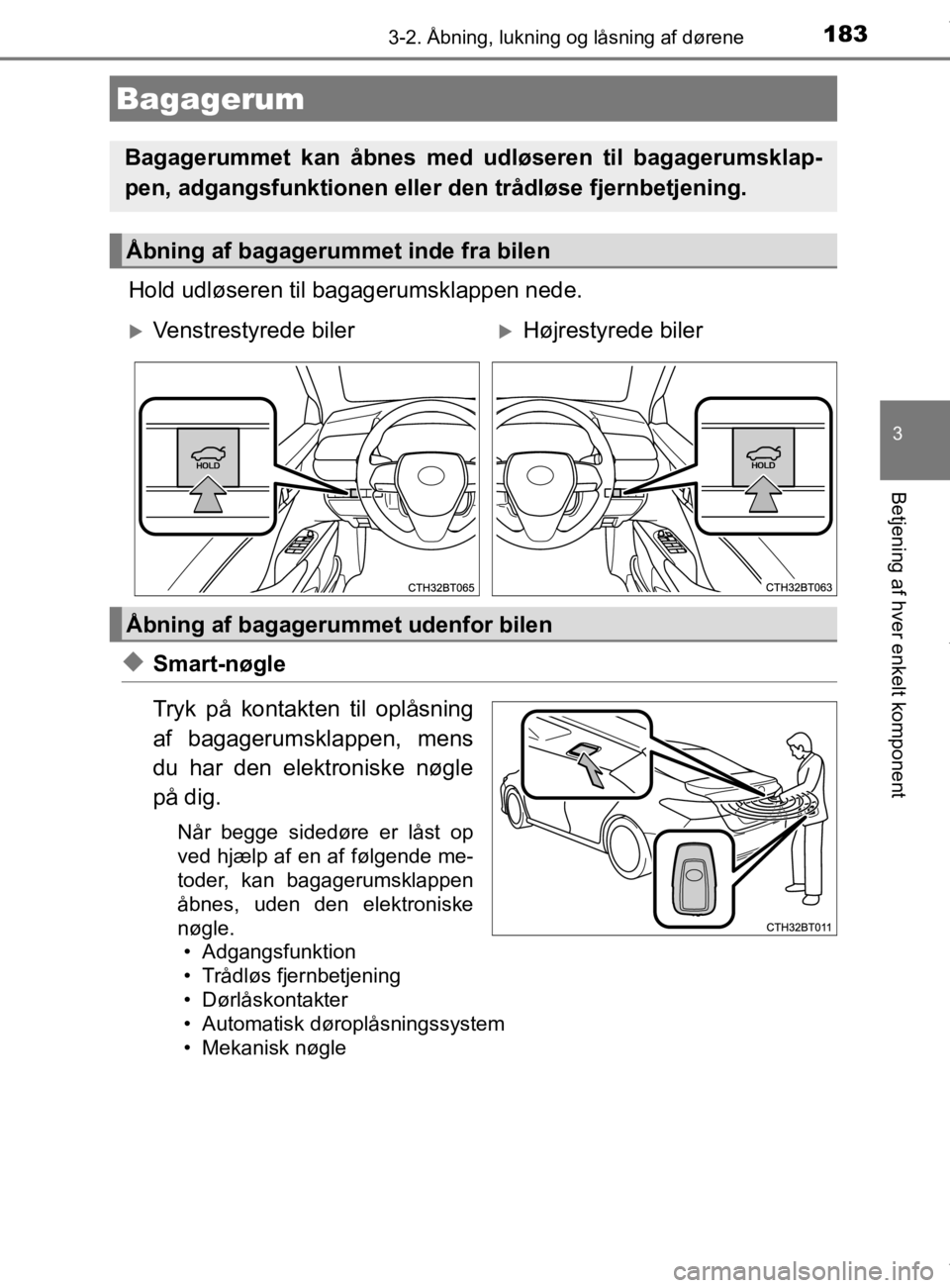 TOYOTA CAMRY 2020 Brugsanvisning (in Danish) 1833-2. Åbning, lukning og låsning af dørene
OM33E11DK
3
Betjening af hver enkelt komponent
Hold udløseren til bagagerumsklappen nede.
uSmart-nøgle
Tryk på kontakten til oplåsning
af bagagerums TOYOTA CAMRY 2020 Brugsanvisning (in Danish) 1833-2. Åbning, lukning og låsning af dørene
OM33E11DK
3
Betjening af hver enkelt komponent
Hold udløseren til bagagerumsklappen nede.
uSmart-nøgle
Tryk på kontakten til oplåsning
af bagagerums