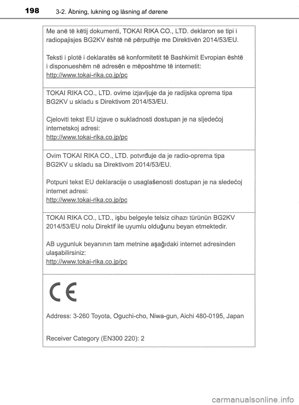 TOYOTA CAMRY 2020  Brugsanvisning (in Danish) 1983-2. Åbning, lukning og låsning af dørene
OM33E11DK
OM33E11DK.book  Page 198  Monday, March 9, 2020  1:49 PM 