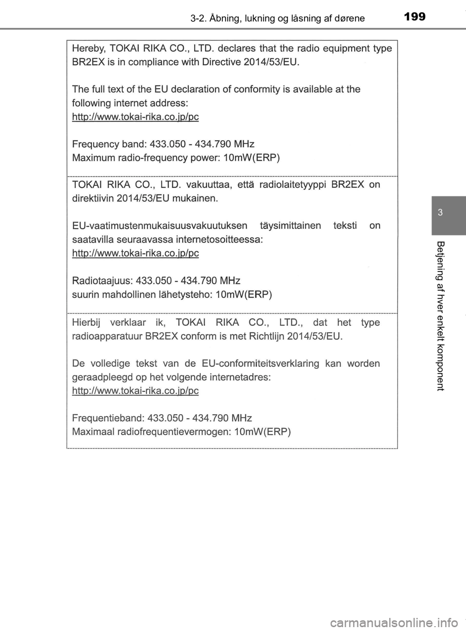 TOYOTA CAMRY 2020  Brugsanvisning (in Danish) 1993-2. Åbning, lukning og låsning af dørene
OM33E11DK
3
Betjening af hver enkelt komponent
OM33E11DK.book  Page 199  Monday, March 9, 2020  1:49 PM 