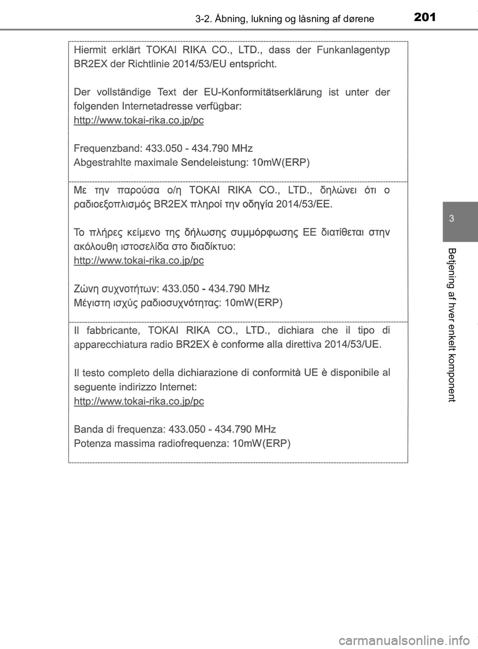 TOYOTA CAMRY 2020  Brugsanvisning (in Danish) 2013-2. Åbning, lukning og låsning af dørene
OM33E11DK
3
Betjening af hver enkelt komponent
OM33E11DK.book  Page 201  Monday, March 9, 2020  1:49 PM 