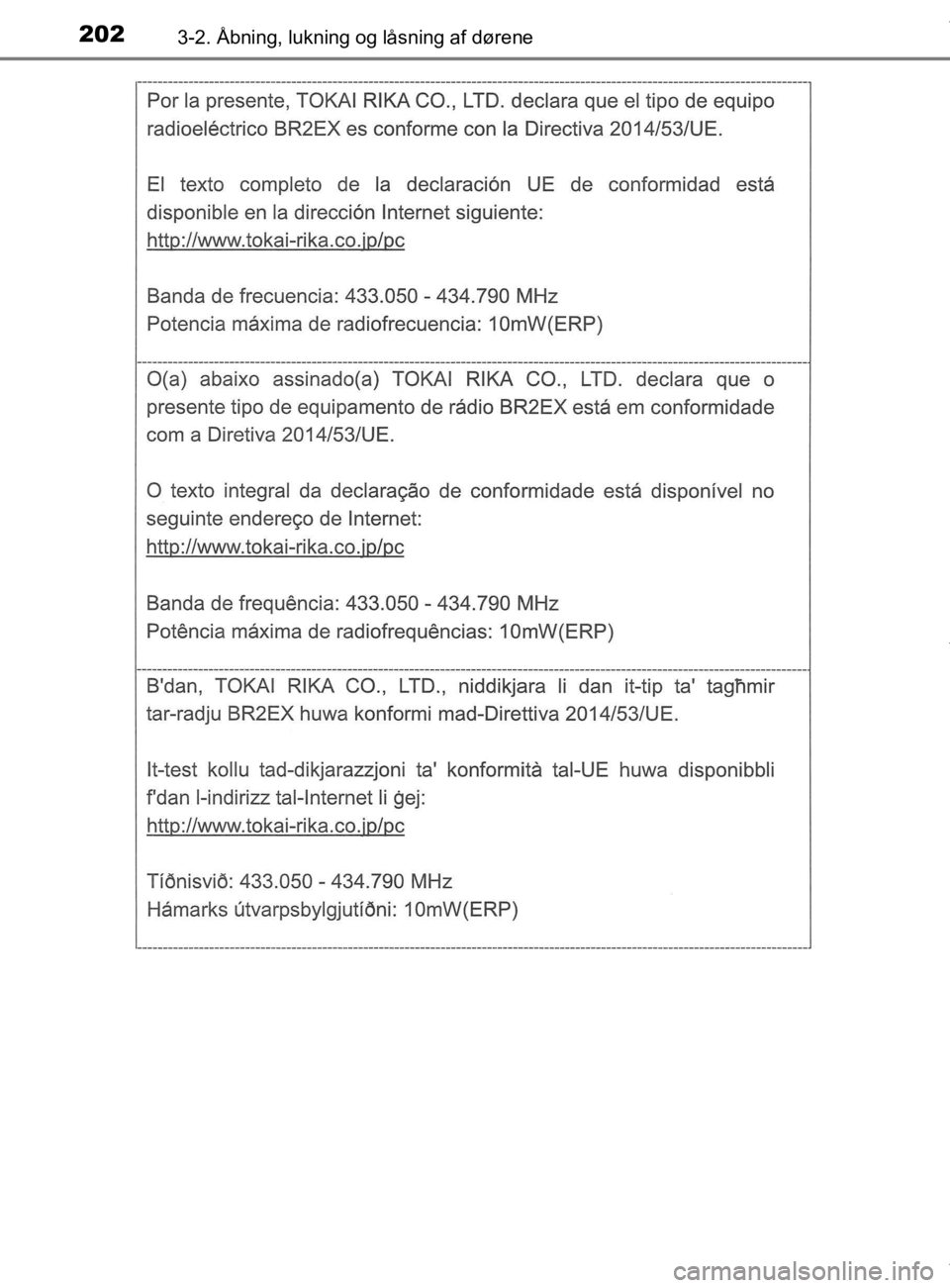 TOYOTA CAMRY 2020  Brugsanvisning (in Danish) 2023-2. Åbning, lukning og låsning af dørene
OM33E11DK
OM33E11DK.book  Page 202  Monday, March 9, 2020  1:49 PM 