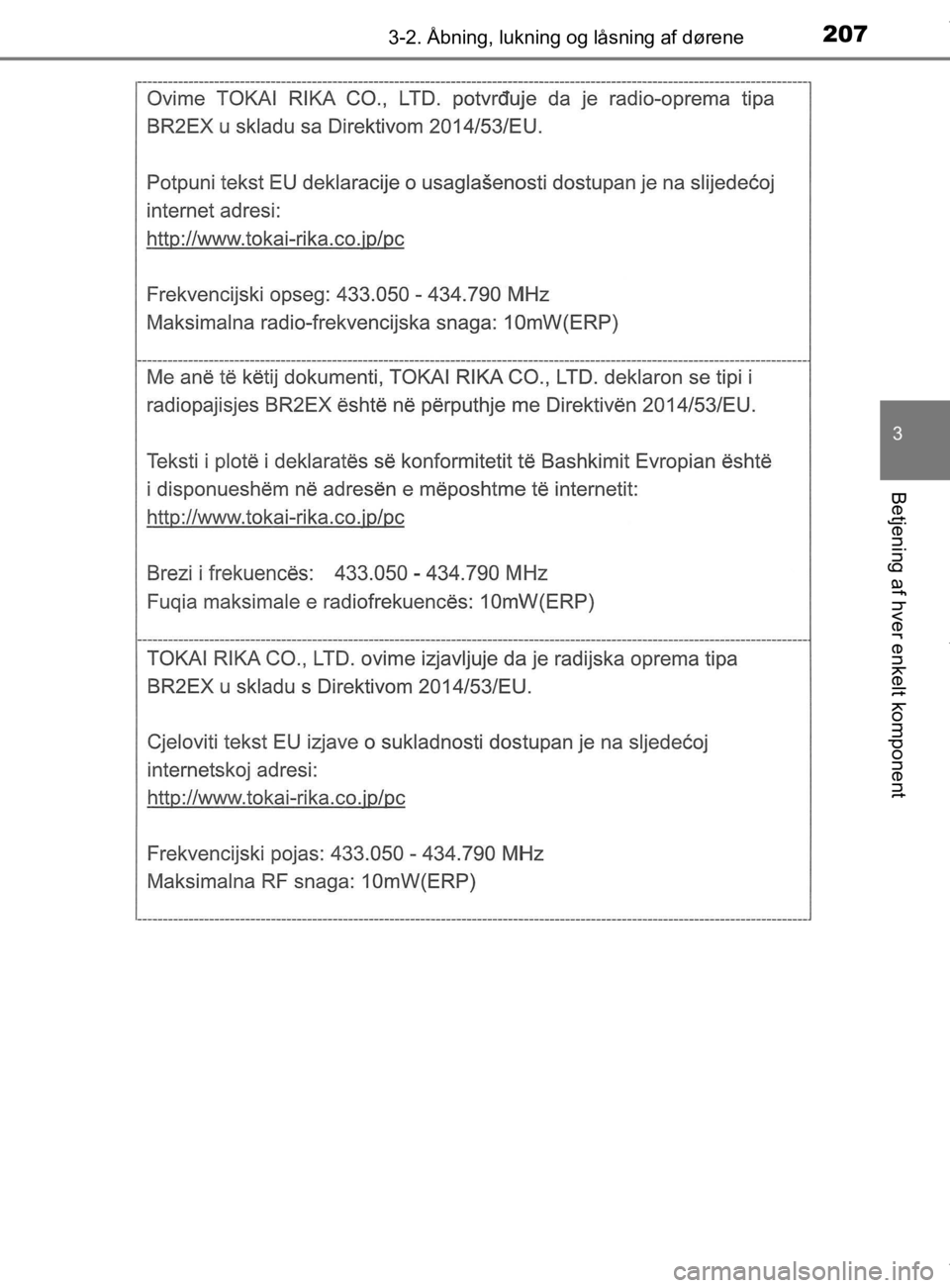 TOYOTA CAMRY 2020  Brugsanvisning (in Danish) 2073-2. Åbning, lukning og låsning af dørene
OM33E11DK
3
Betjening af hver enkelt komponent
OM33E11DK.book  Page 207  Monday, March 9, 2020  1:49 PM 