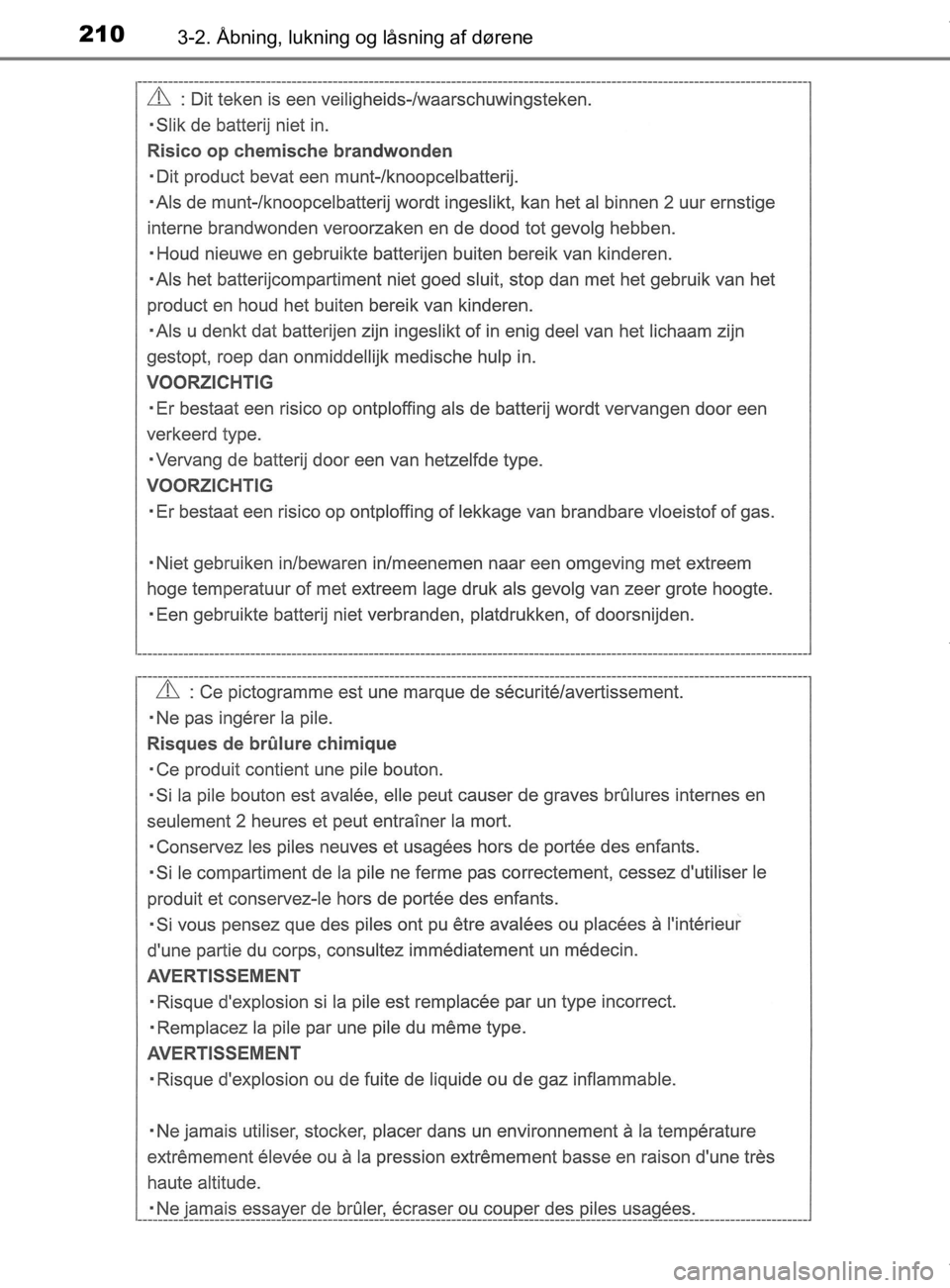 TOYOTA CAMRY 2020  Brugsanvisning (in Danish) 2103-2. Åbning, lukning og låsning af dørene
OM33E11DK
OM33E11DK.book  Page 210  Monday, March 9, 2020  1:49 PM 