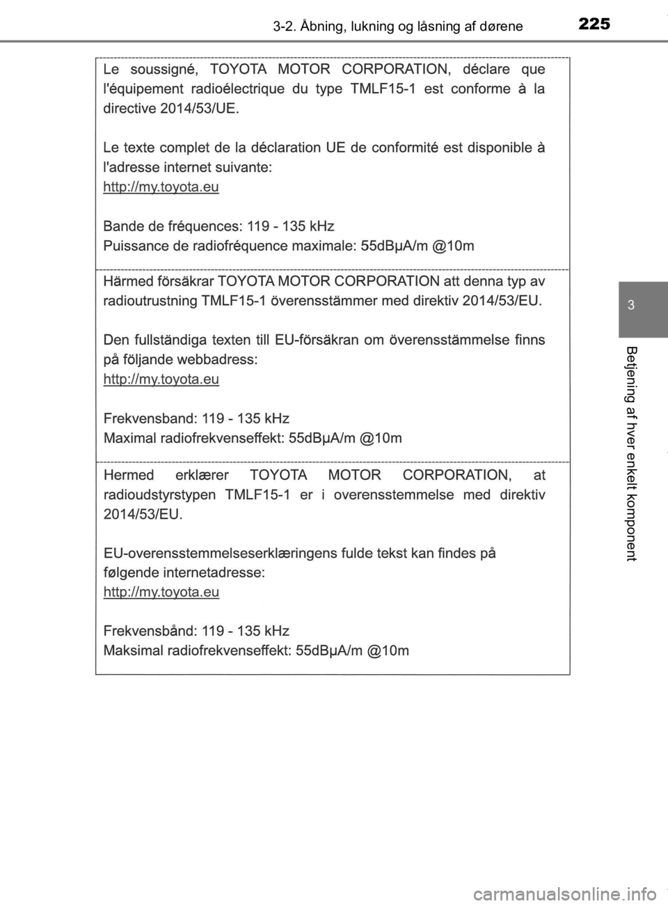 TOYOTA CAMRY 2020  Brugsanvisning (in Danish) 2253-2. Åbning, lukning og låsning af dørene
OM33E11DK
3
Betjening af hver enkelt komponent
OM33E11DK.book  Page 225  Monday, March 9, 2020  1:49 PM 
