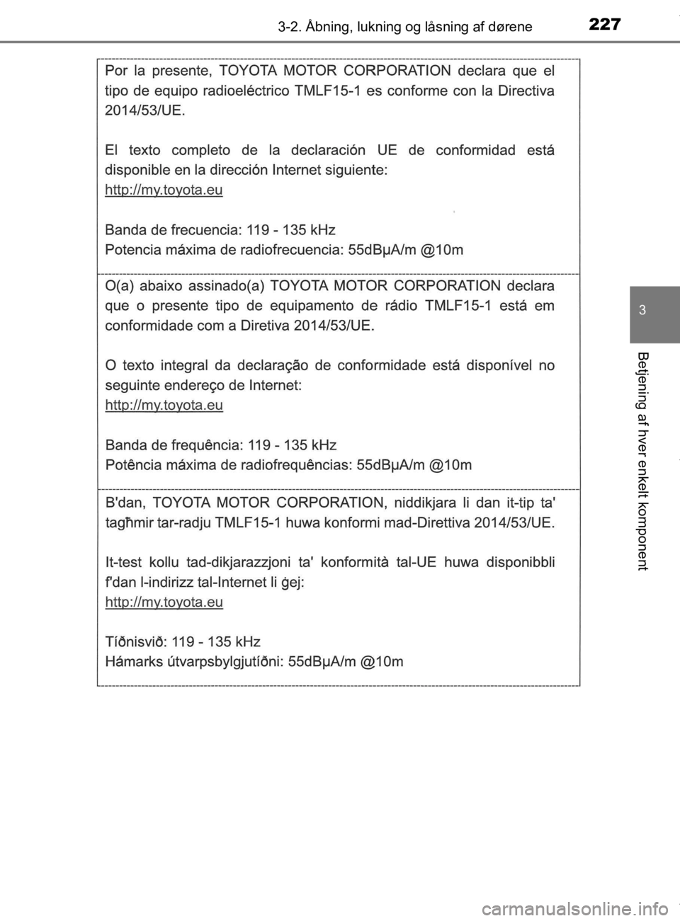 TOYOTA CAMRY 2020  Brugsanvisning (in Danish) 2273-2. Åbning, lukning og låsning af dørene
OM33E11DK
3
Betjening af hver enkelt komponent
OM33E11DK.book  Page 227  Monday, March 9, 2020  1:49 PM 