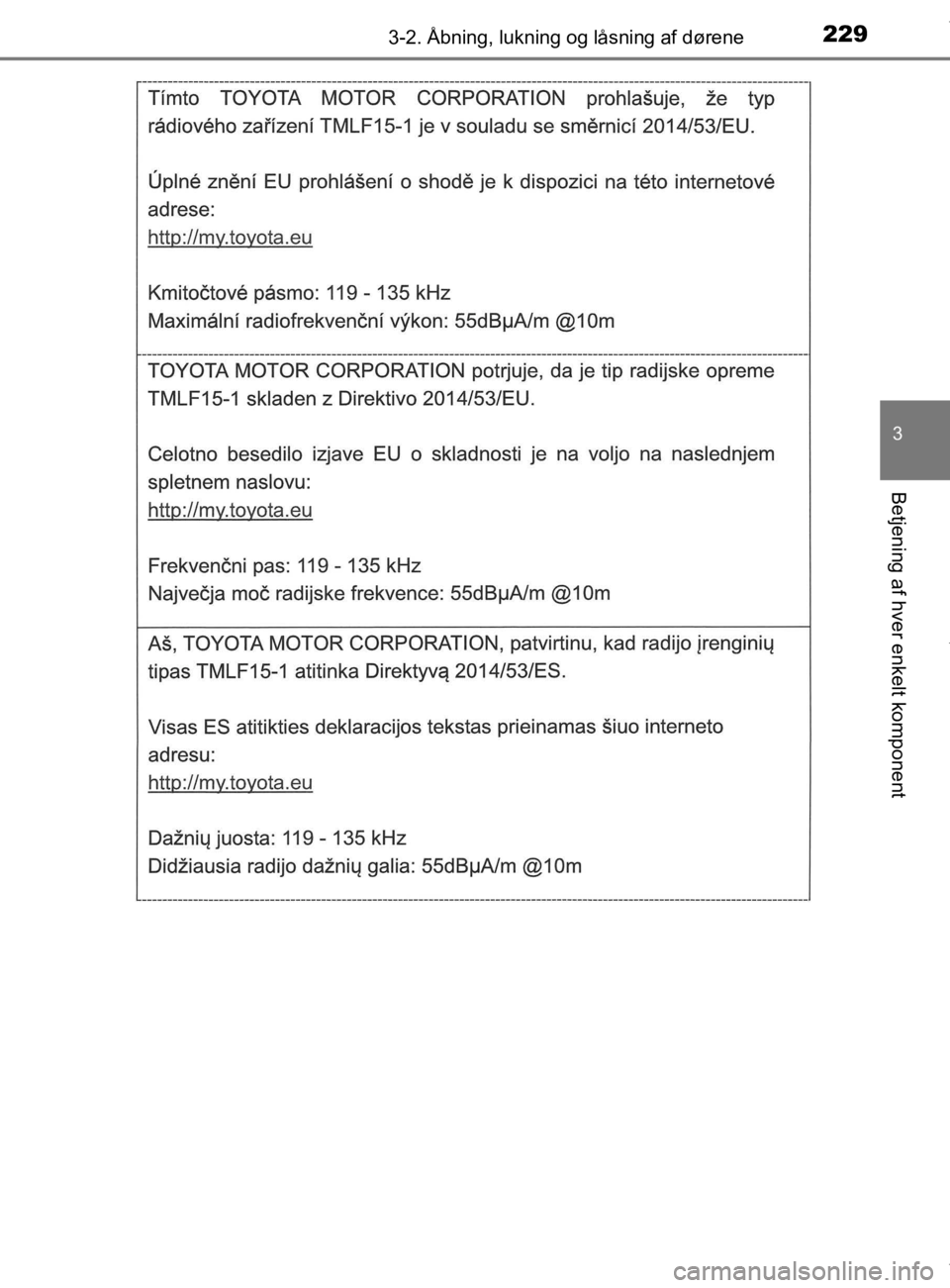 TOYOTA CAMRY 2020  Brugsanvisning (in Danish) 2293-2. Åbning, lukning og låsning af dørene
OM33E11DK
3
Betjening af hver enkelt komponent
OM33E11DK.book  Page 229  Monday, March 9, 2020  1:49 PM 