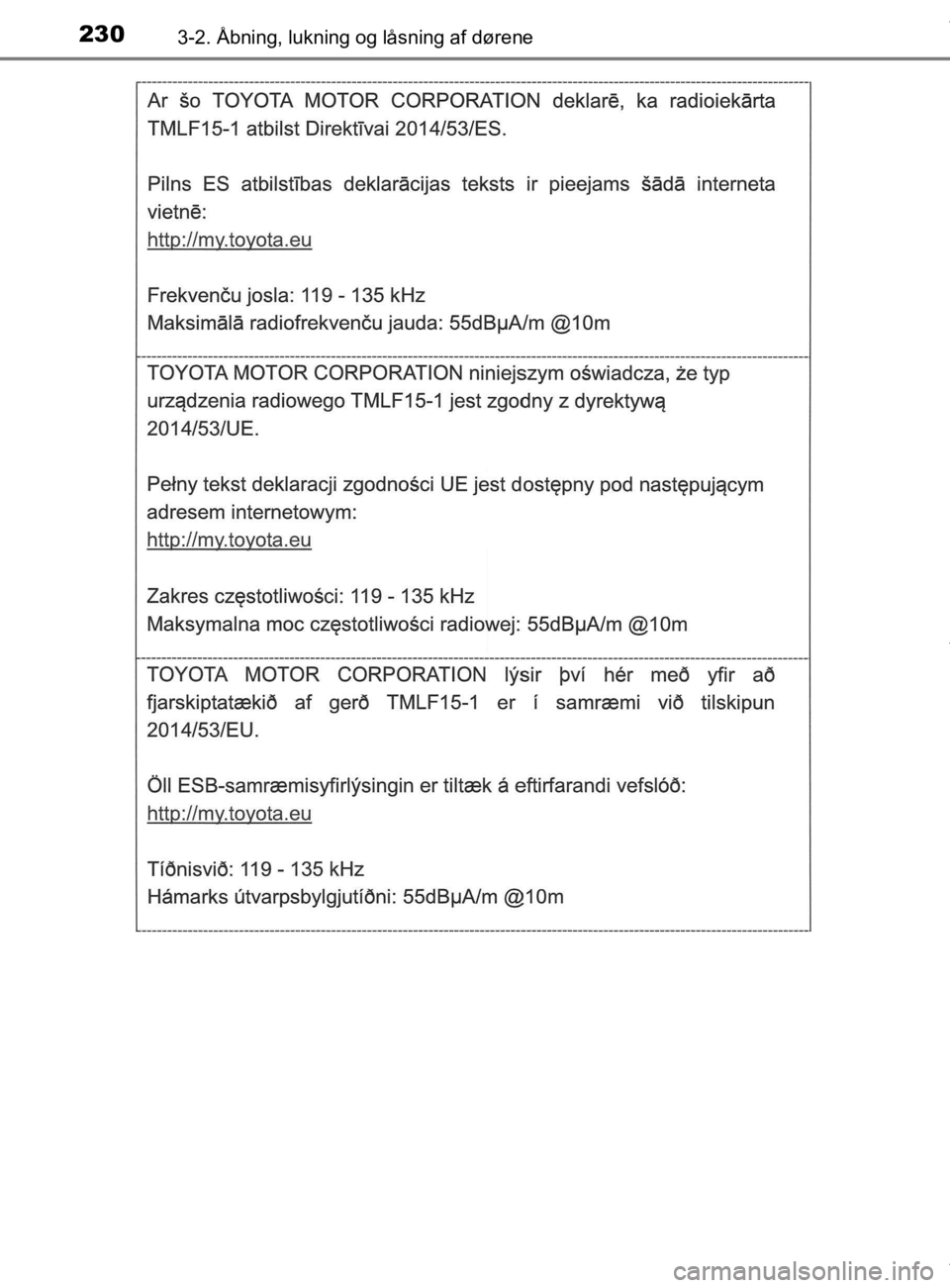 TOYOTA CAMRY 2020  Brugsanvisning (in Danish) 2303-2. Åbning, lukning og låsning af dørene
OM33E11DK
OM33E11DK.book  Page 230  Monday, March 9, 2020  1:49 PM 
