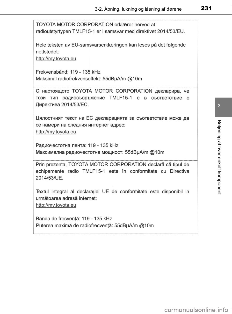 TOYOTA CAMRY 2020  Brugsanvisning (in Danish) 2313-2. Åbning, lukning og låsning af dørene
OM33E11DK
3
Betjening af hver enkelt komponent
OM33E11DK.book  Page 231  Monday, March 9, 2020  1:49 PM 