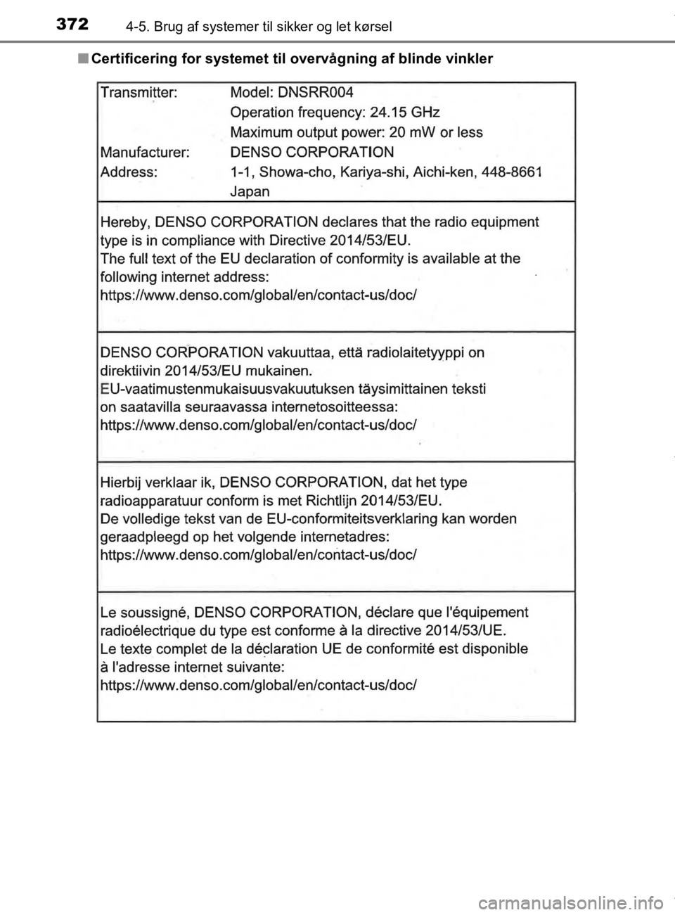 TOYOTA CAMRY 2020  Brugsanvisning (in Danish) 3724-5. Brug af systemer til sikker og let kørsel
OM33E11DKn
Certificering for systemet til overvågning af blinde vinkler
OM33E11DK.book  Page 372  Monday, March 9, 2020  1:49 PM 
