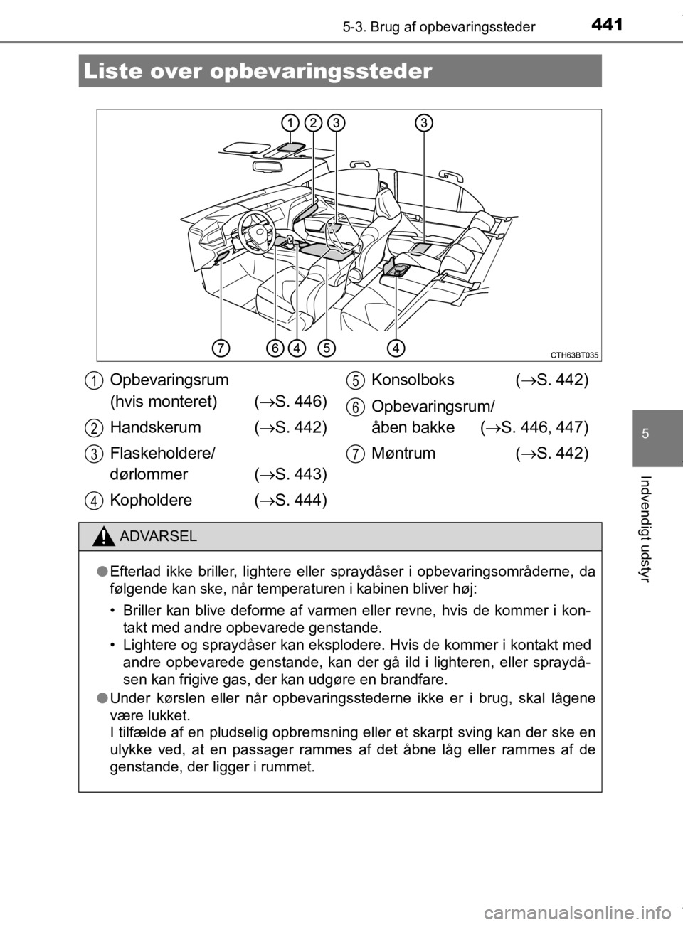 TOYOTA CAMRY 2020 Brugsanvisning (in Danish) 441
OM33E11DK
5
Indvendigt udstyr
5-3. Brug af opbevaringssteder
Liste over opbevaringssteder
Opbevaringsrum
(hvis monteret) ( S. 446)
Handskerum ( S. 442)
Flaskeholdere/
dørlommer ( S. 443 TOYOTA CAMRY 2020 Brugsanvisning (in Danish) 441
OM33E11DK
5
Indvendigt udstyr
5-3. Brug af opbevaringssteder
Liste over opbevaringssteder
Opbevaringsrum
(hvis monteret) ( S. 446)
Handskerum ( S. 442)
Flaskeholdere/
dørlommer ( S. 443