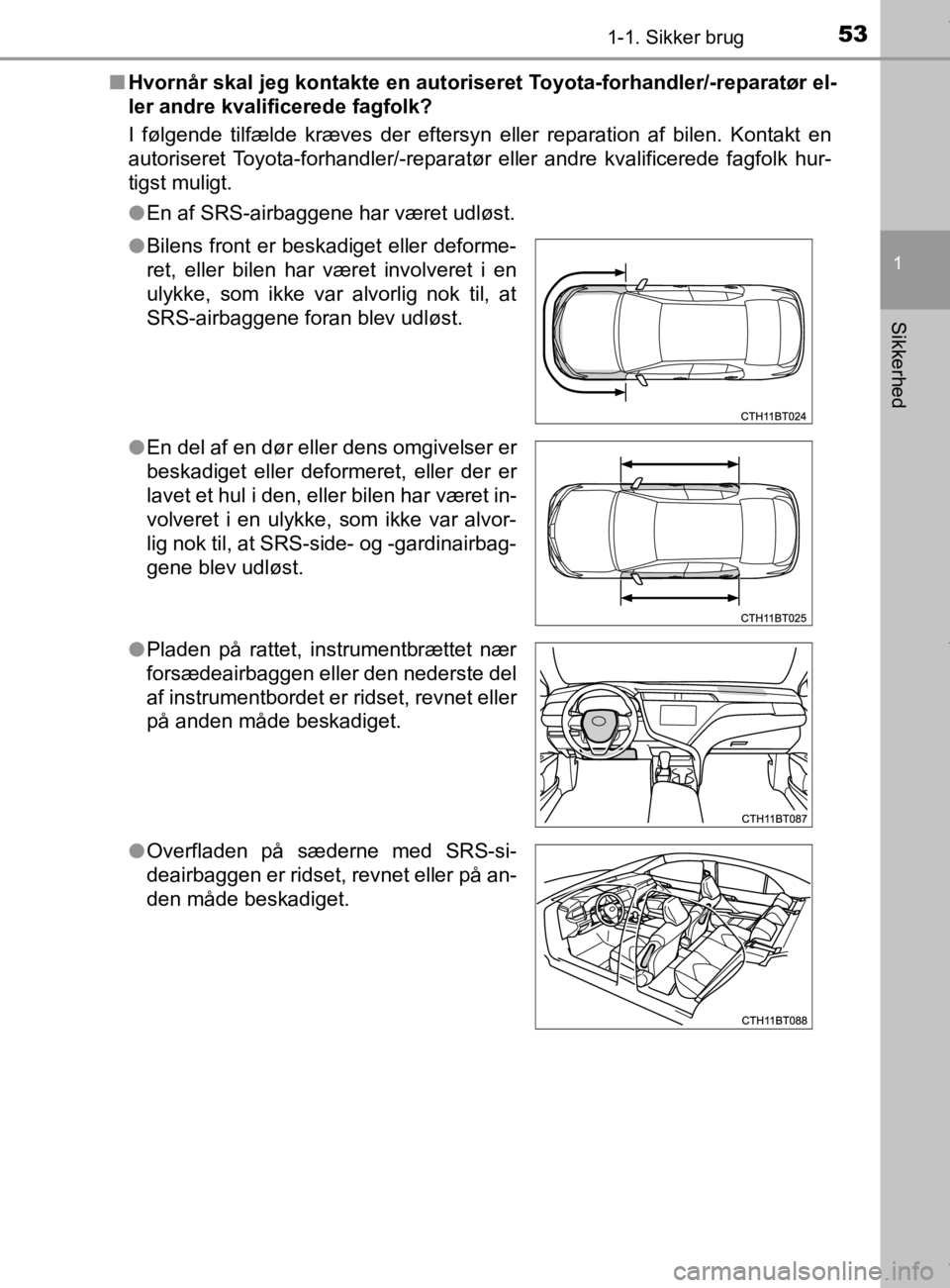 TOYOTA CAMRY 2020 Brugsanvisning (in Danish) 531-1. Sikker brug
1
Sikkerhed
OM33E11DKn
Hvornår skal jeg kontakte en autoriser et Toyota-forhandler/-reparatør el-
ler andre kvalificerede fagfolk?
I følgende tilfælde kræves der eftersyn eller TOYOTA CAMRY 2020 Brugsanvisning (in Danish) 531-1. Sikker brug
1
Sikkerhed
OM33E11DKn
Hvornår skal jeg kontakte en autoriser et Toyota-forhandler/-reparatør el-
ler andre kvalificerede fagfolk?
I følgende tilfælde kræves der eftersyn eller