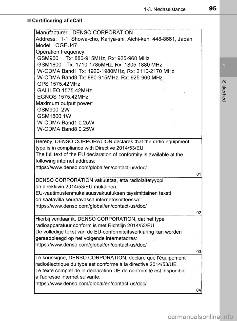 TOYOTA CAMRY 2020  Brugsanvisning (in Danish) 951-3. Nødassistance
1
Sikkerhed
OM33E11DKn
Certificering af eCall
OM33E11DK.book  Page 95  Monday, March 9, 2020  1:49 PM 