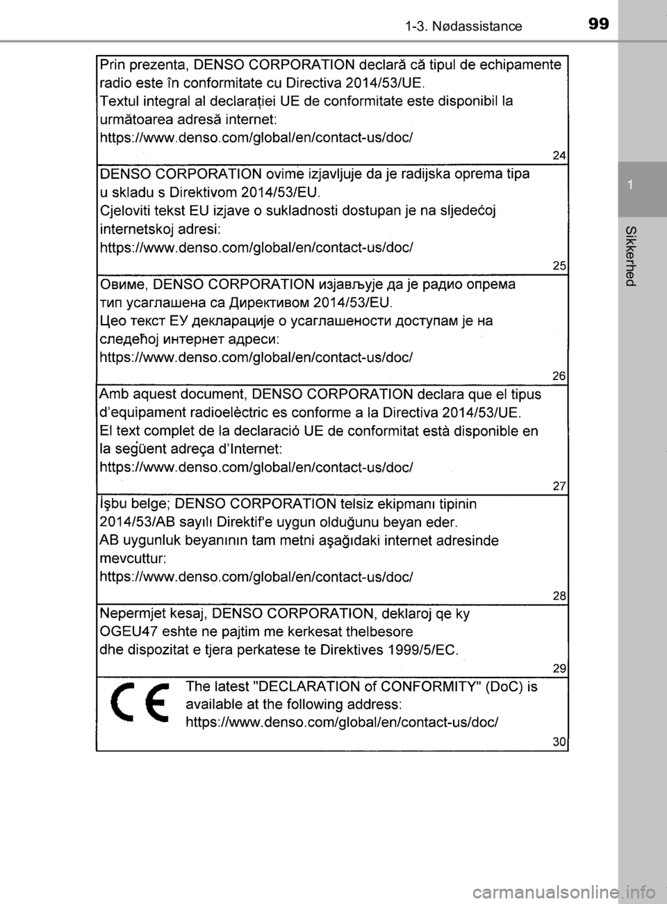 TOYOTA CAMRY 2020  Brugsanvisning (in Danish) 991-3. Nødassistance
1
Sikkerhed
OM33E11DK
OM33E11DK.book  Page 99  Monday, March 9, 2020  1:49 PM 